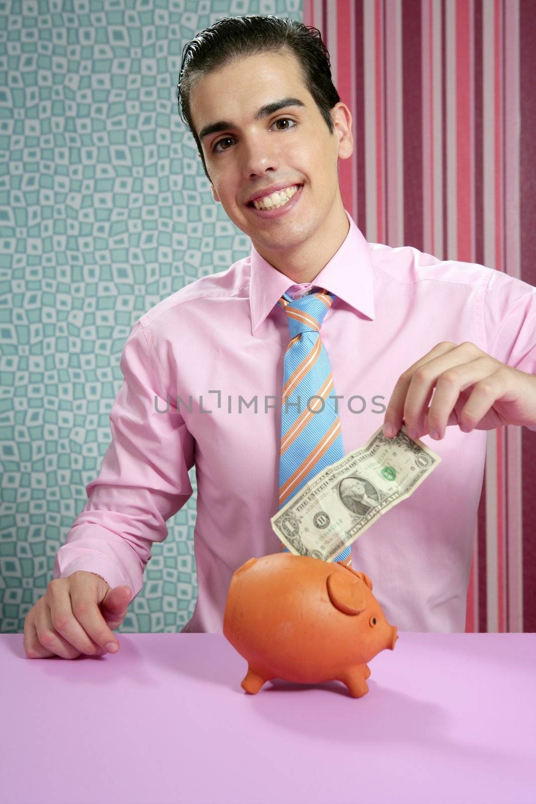 Businessman with piggy bank and one dollar note saving money