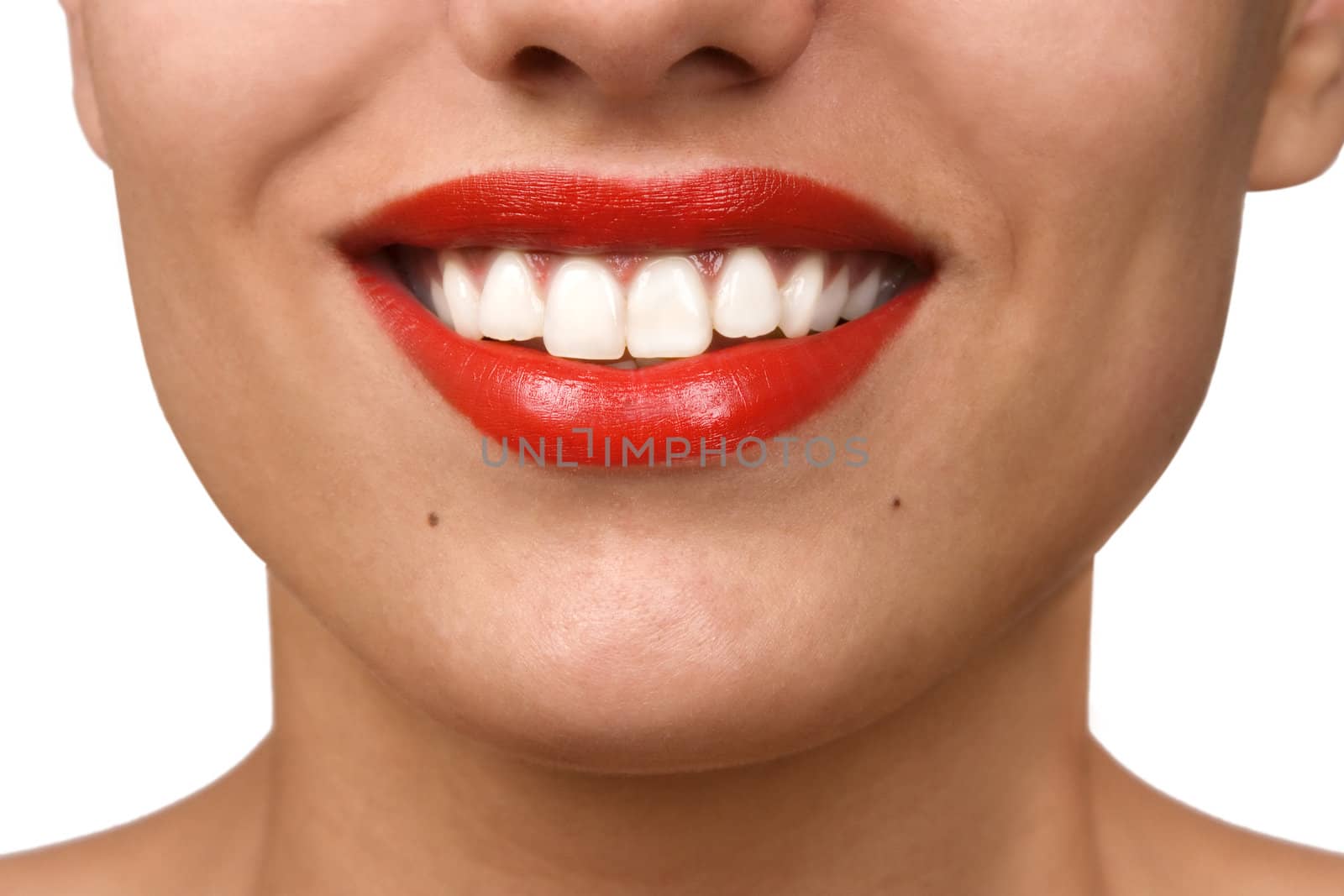 Smiling woman mouth with great white teeth. Over white background