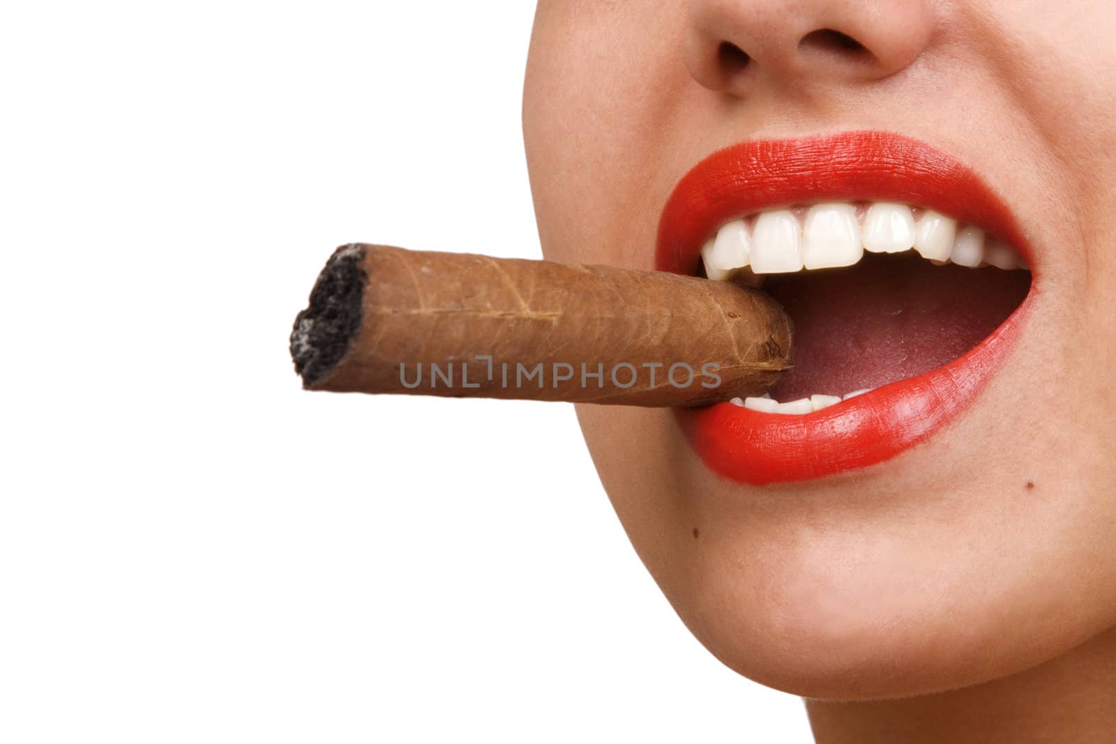 Smoking woman, mouth with red lips biting a cigar, selective focus