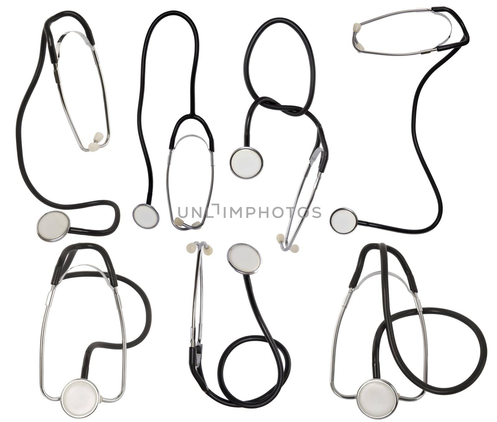 collection of stethoscope on white background 