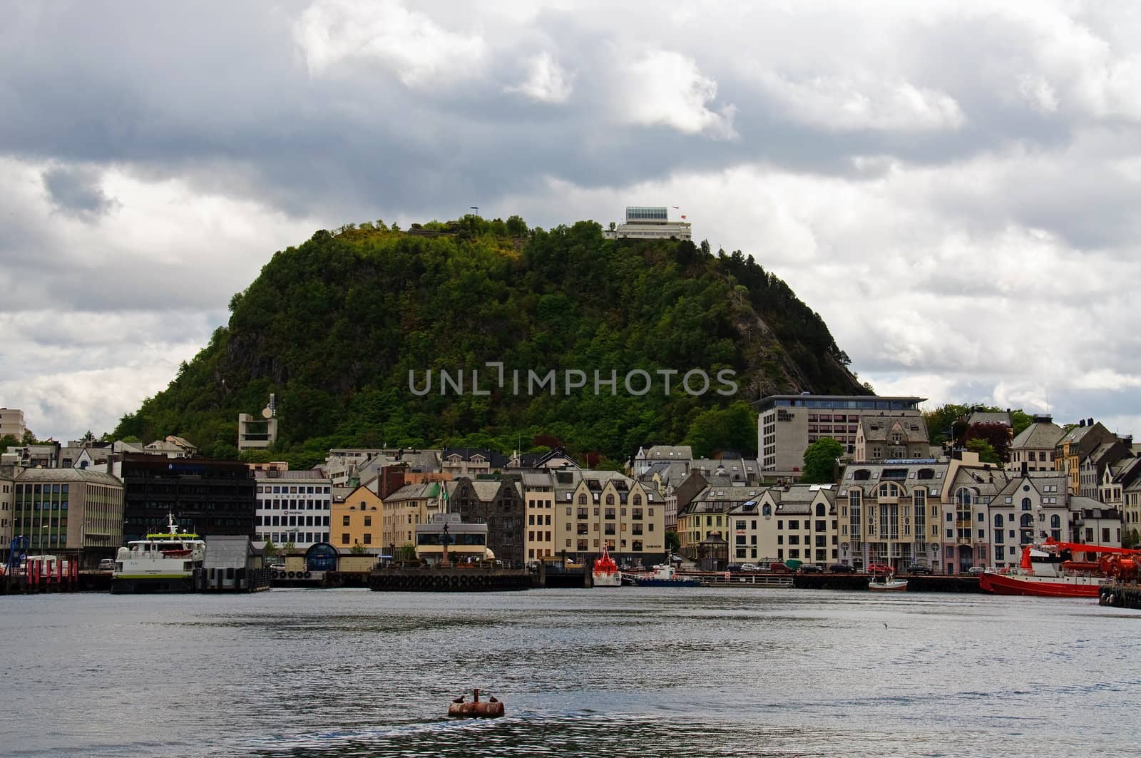 City of Aalesund, Norway with the harbour and the mountain called Aksla