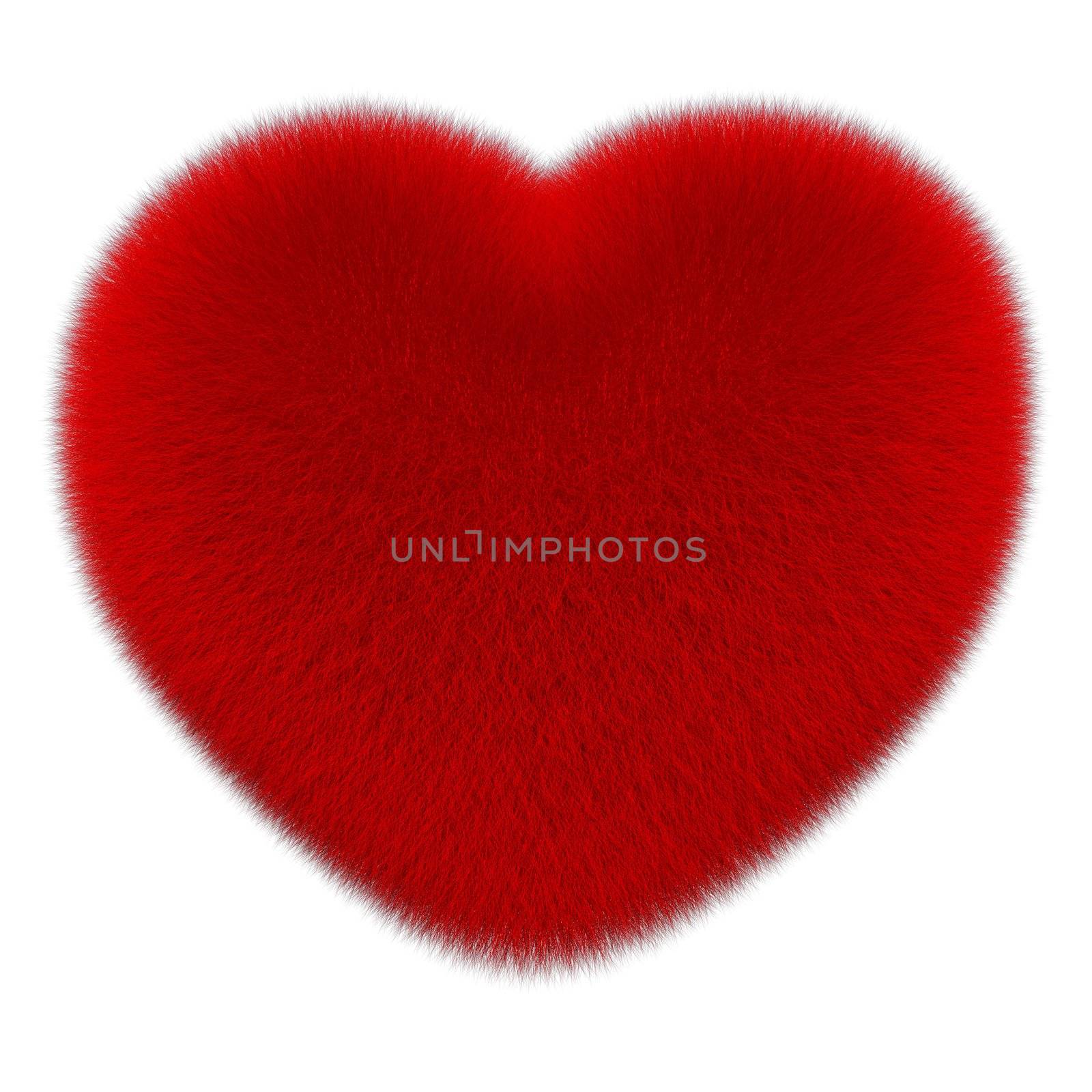 Red fur heart isolated on white background 3d render