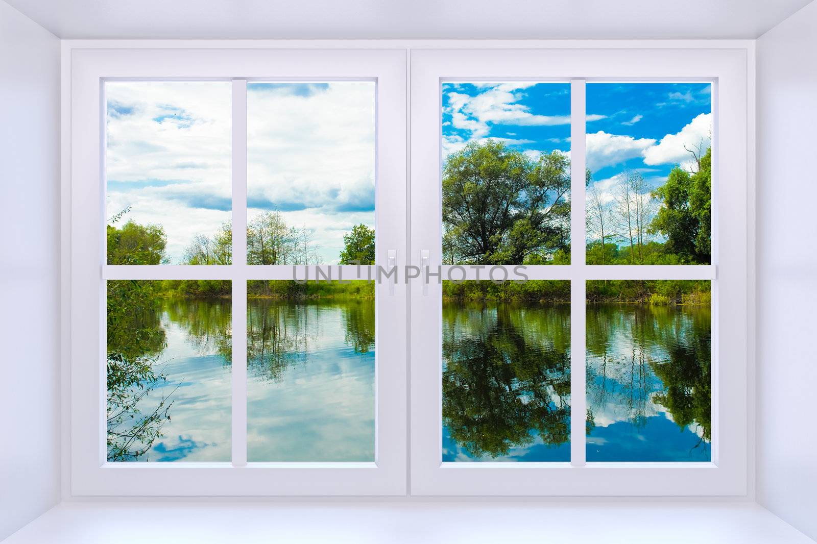 The nature behind a window 3d render with inserted photo