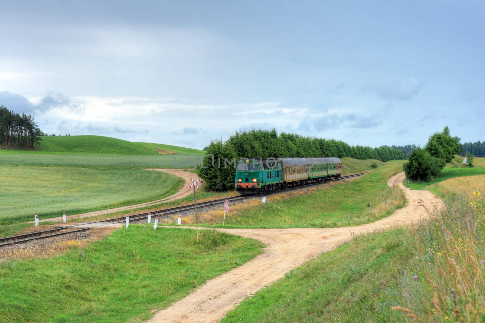 Passenger train passing the countryside
