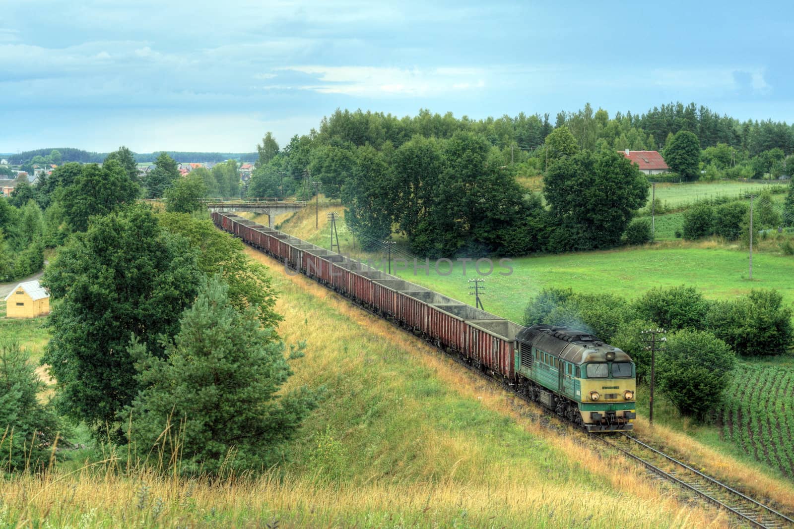 Freight train hauled by diesel locomotive passing the fields
