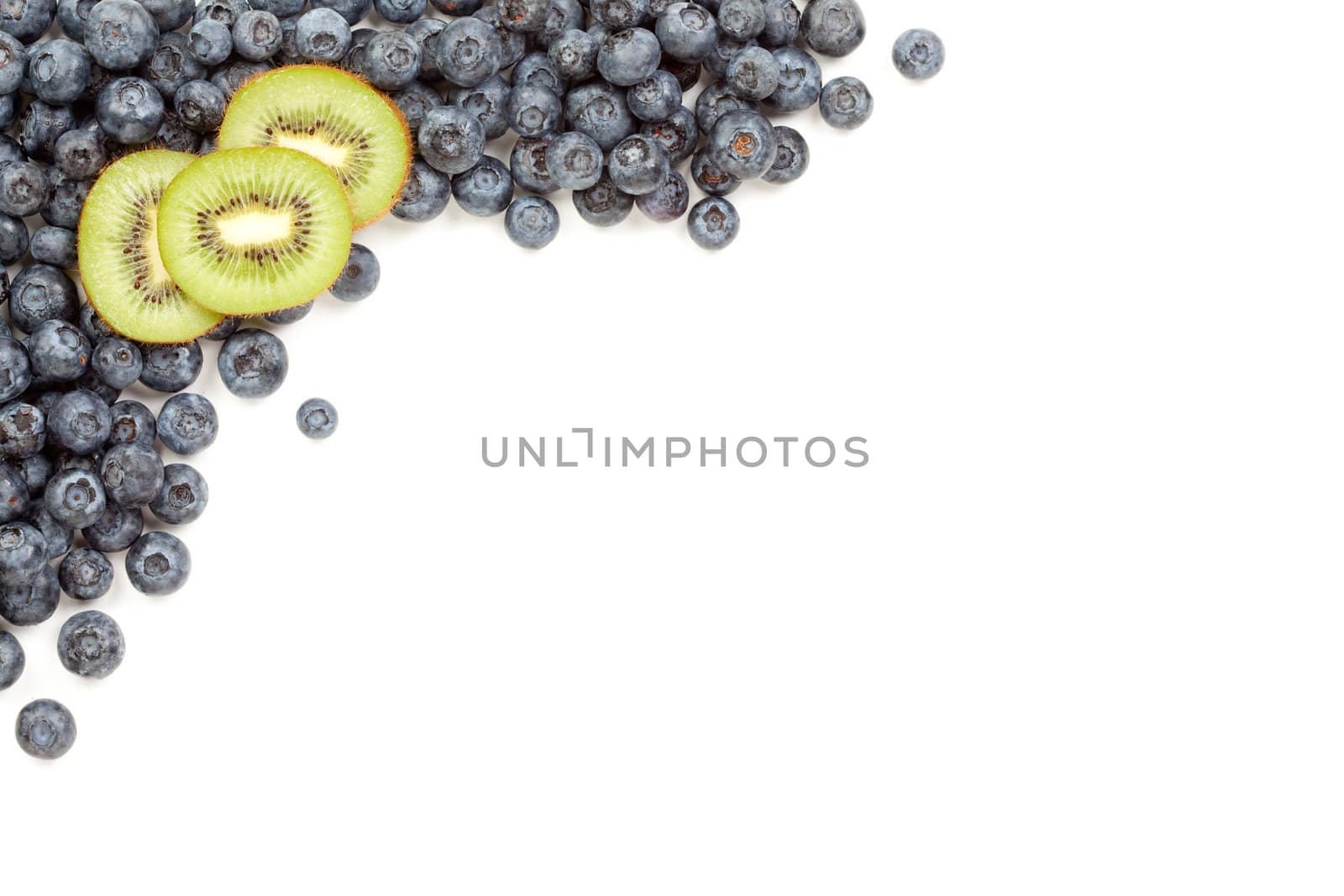 Kiwi and Blueberries Border Isolated on a White Background.
