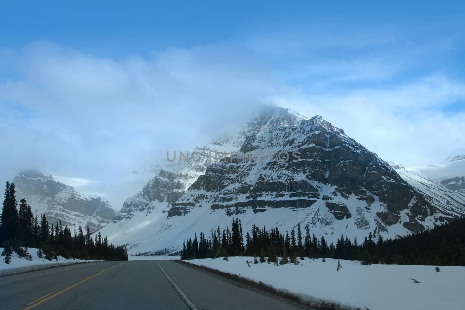 Quiet road through the Rockies in Banff National Park, Alberta Canada
