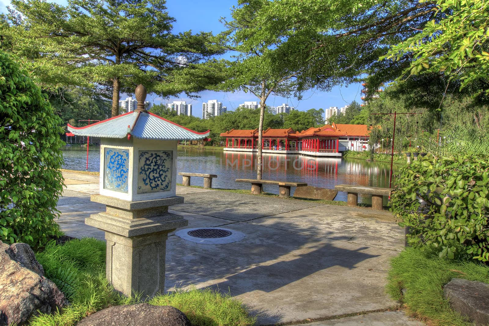 Stone Lantern by the Lake in Chinese Garden