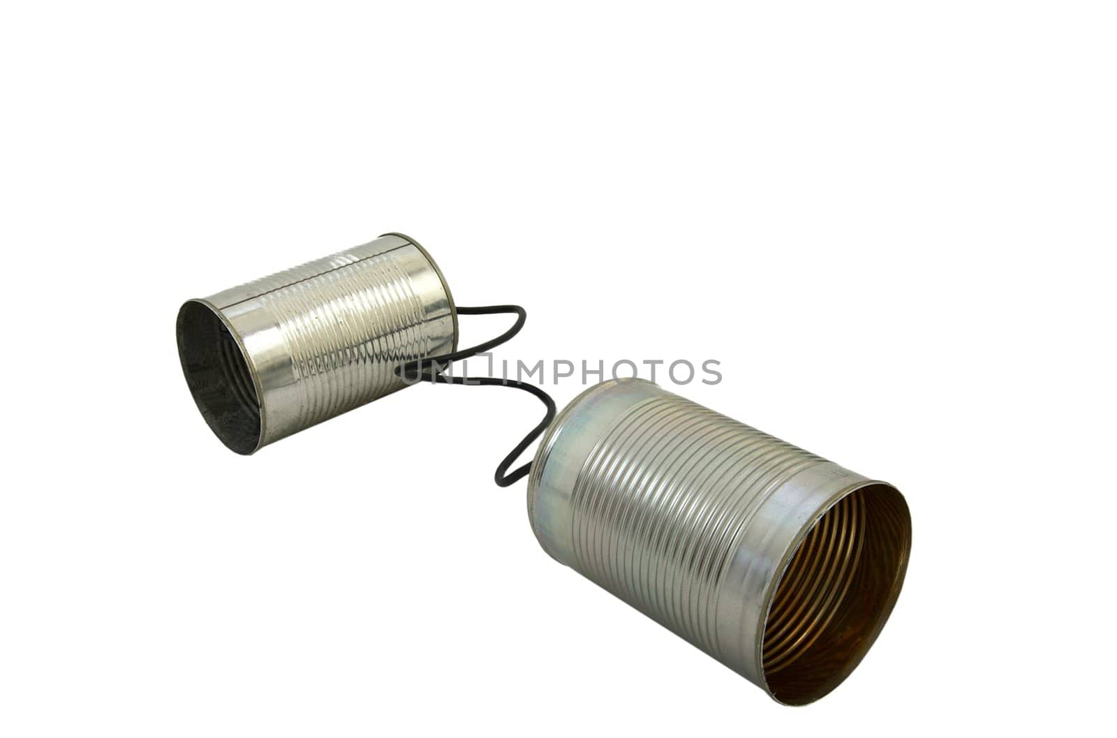Two can attached to each other acting as a phone isolated on a white background