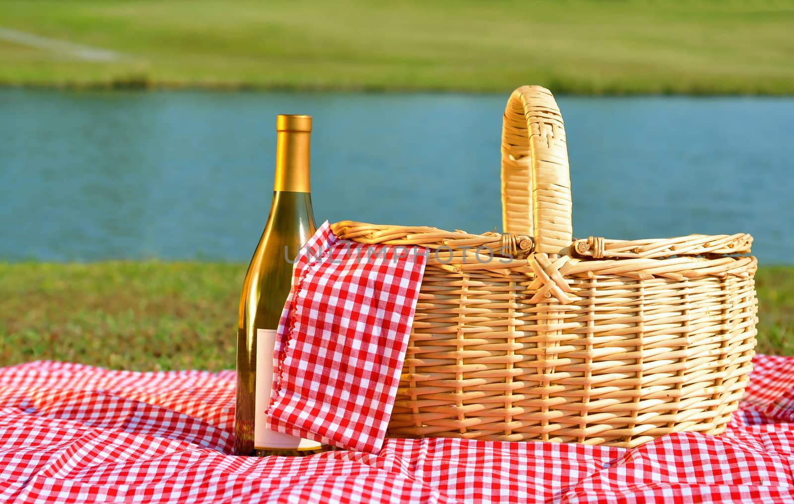 Picnic basket and bottle of white wine on red gingham blanket beside lake.