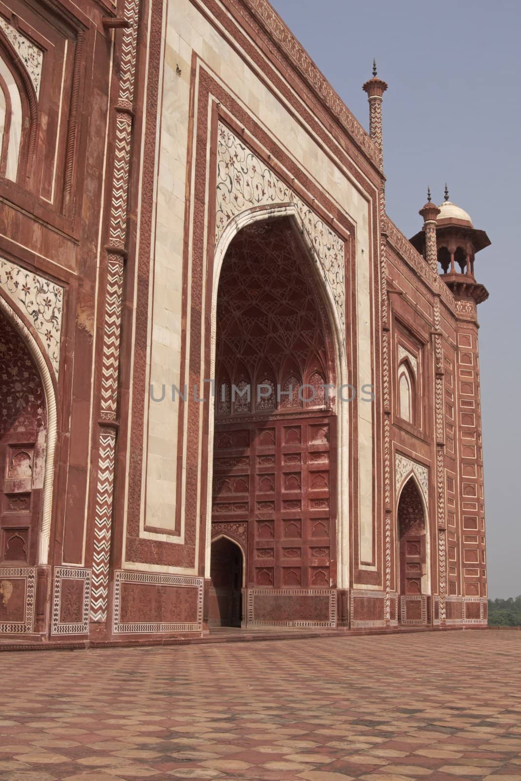 Mosque at the Taj Mahal. Mughal style building of red sandstone inlaid with marble. Agra, Uttar Pradesh, India
