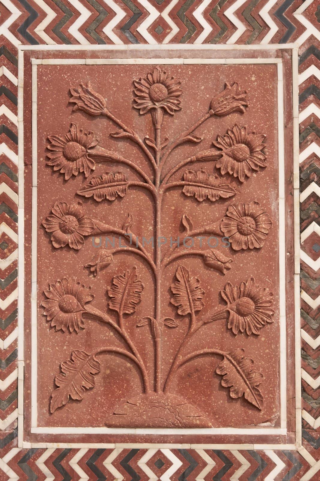 Detail of decoration on the mosque at the Taj Mahal. Mughal style building of red sandstone inlaid with marble. Agra, Uttar Pradesh, India