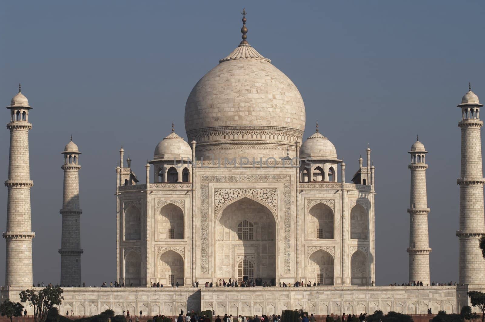 Taj Mahal. Iconic white marble mausoleum. Agra Uttar Pradesh India