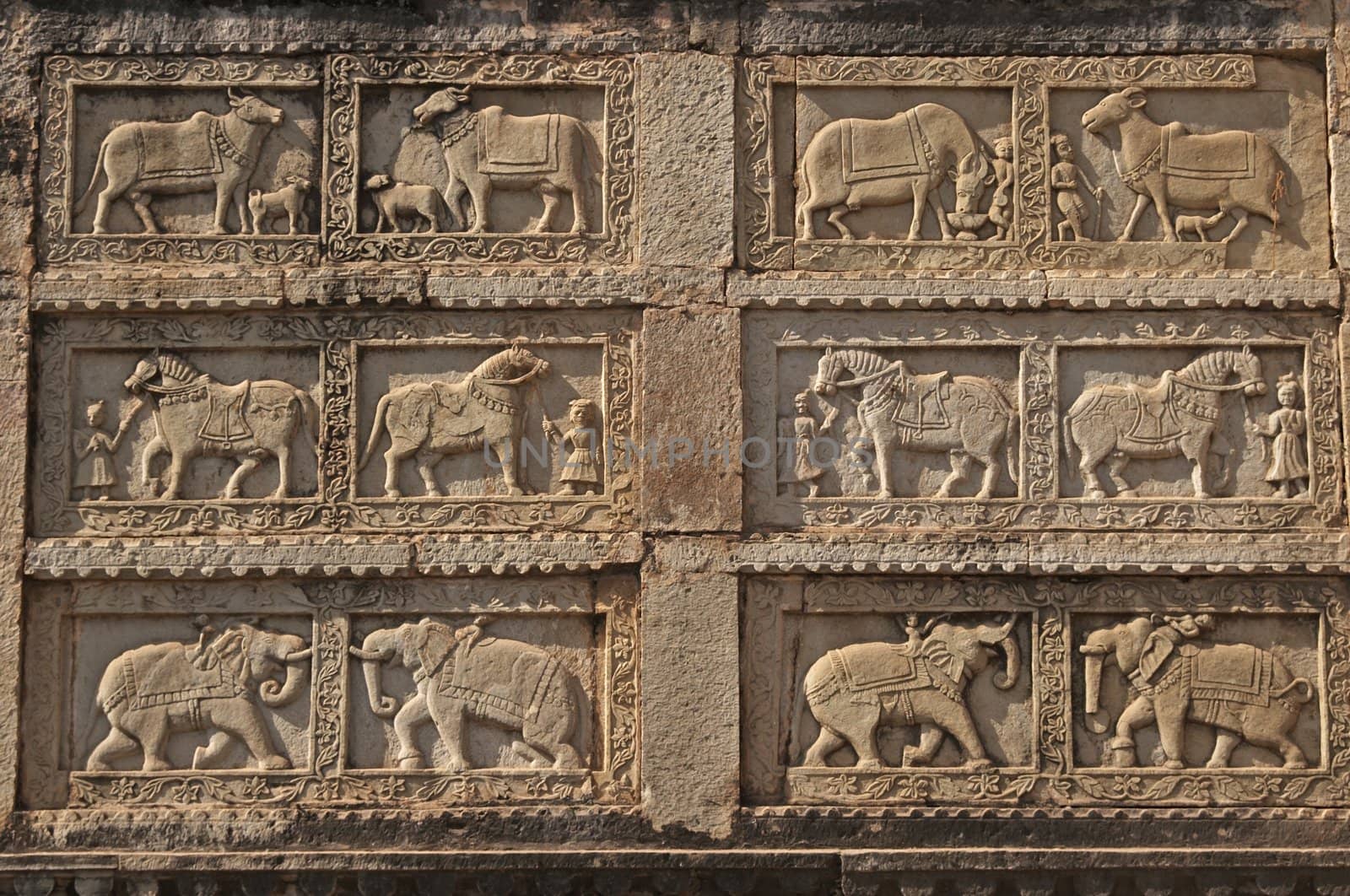Bas relief carving of animals decorating the walls of the 84 pillared cenotaph, Bundi, Rajasthan, India
