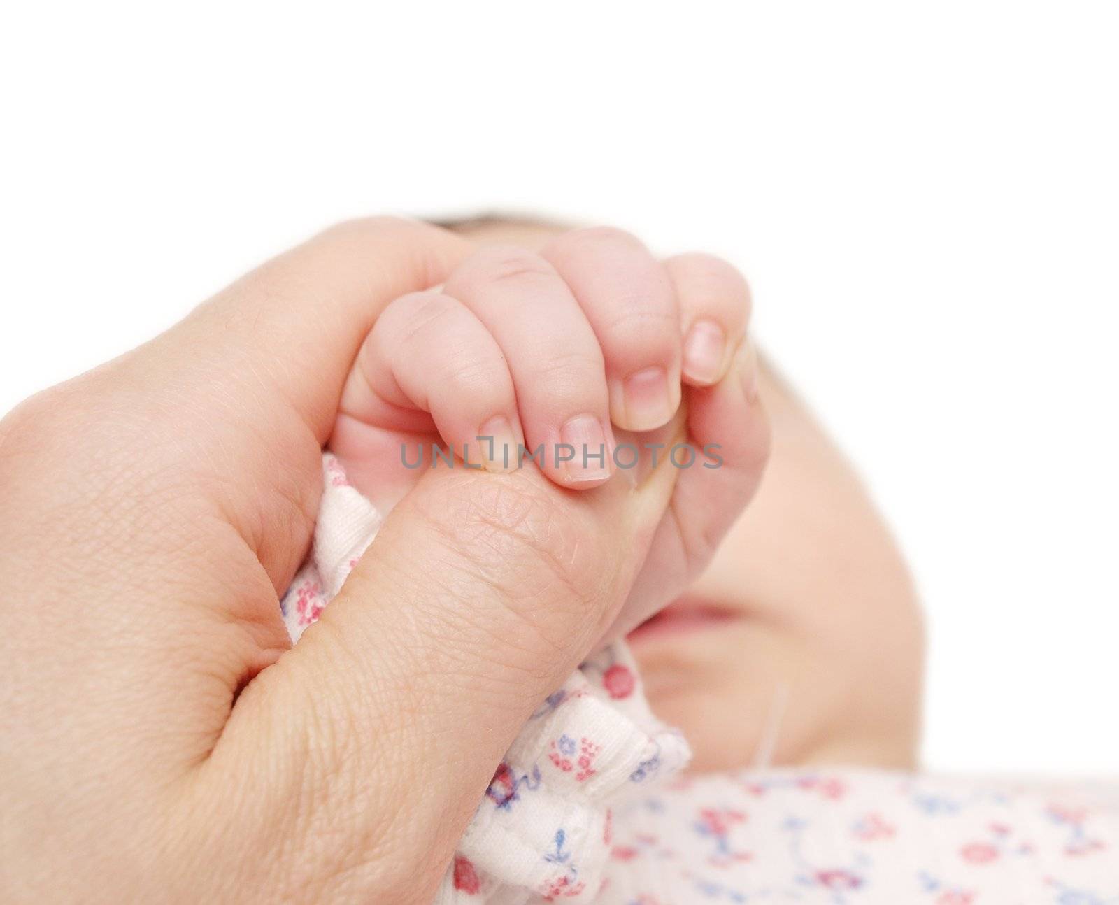 A baby holding onto a grownups hand, towards white