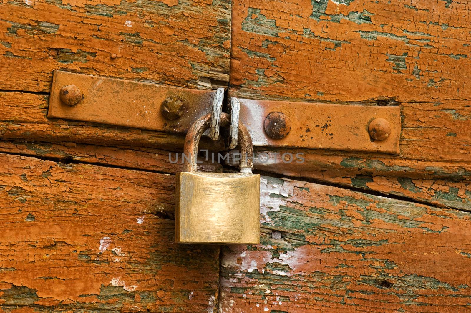 Image shows a padlock on a highly textured door