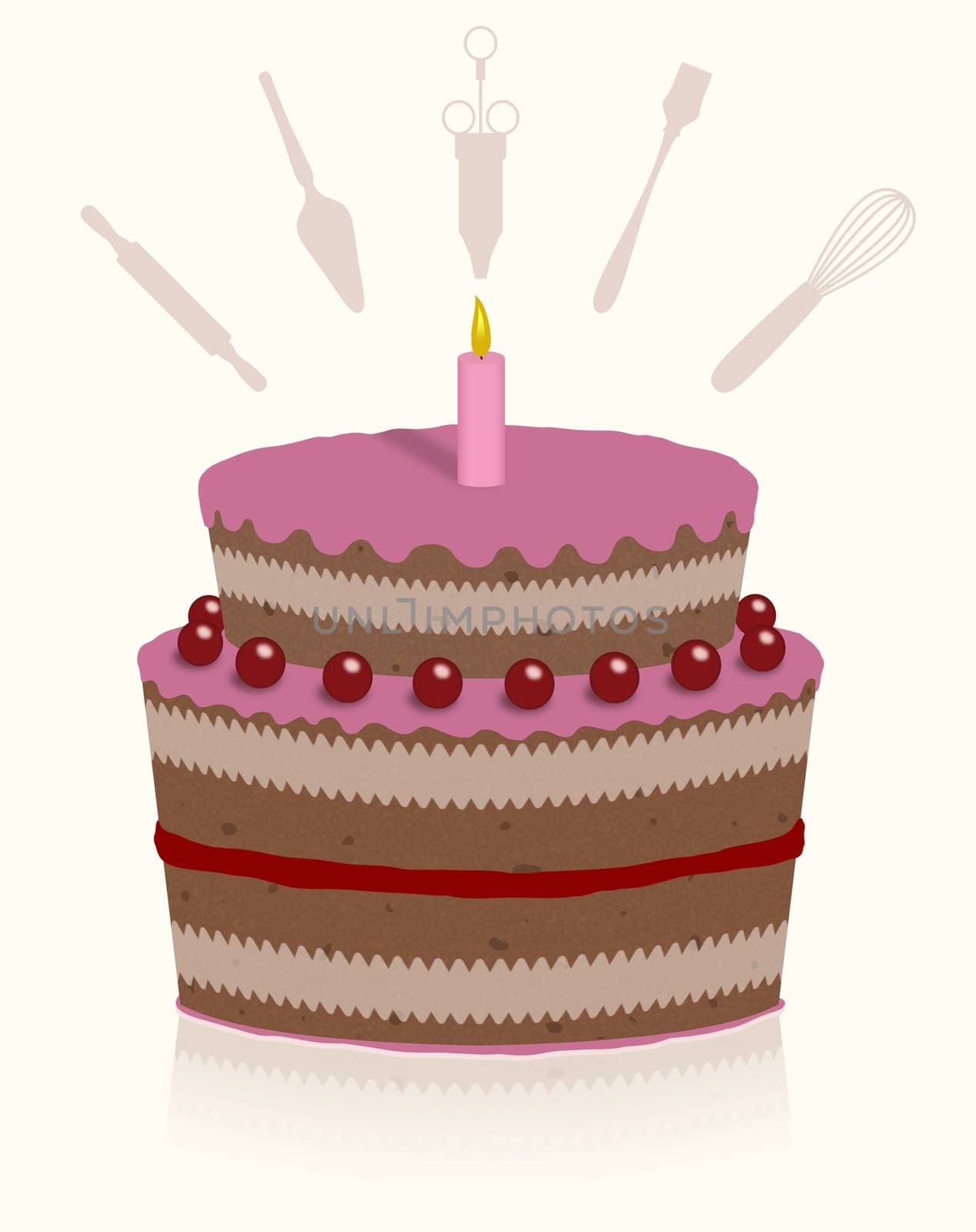 Isolated cake with a single candle and tools