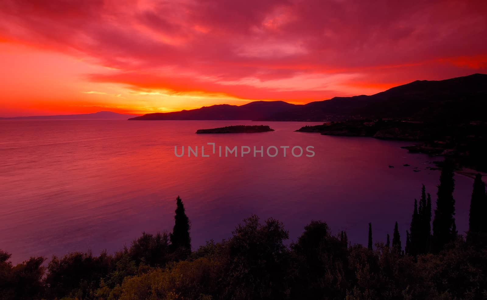 A spectacular sunset over the bay of Kardamili, southern Greece