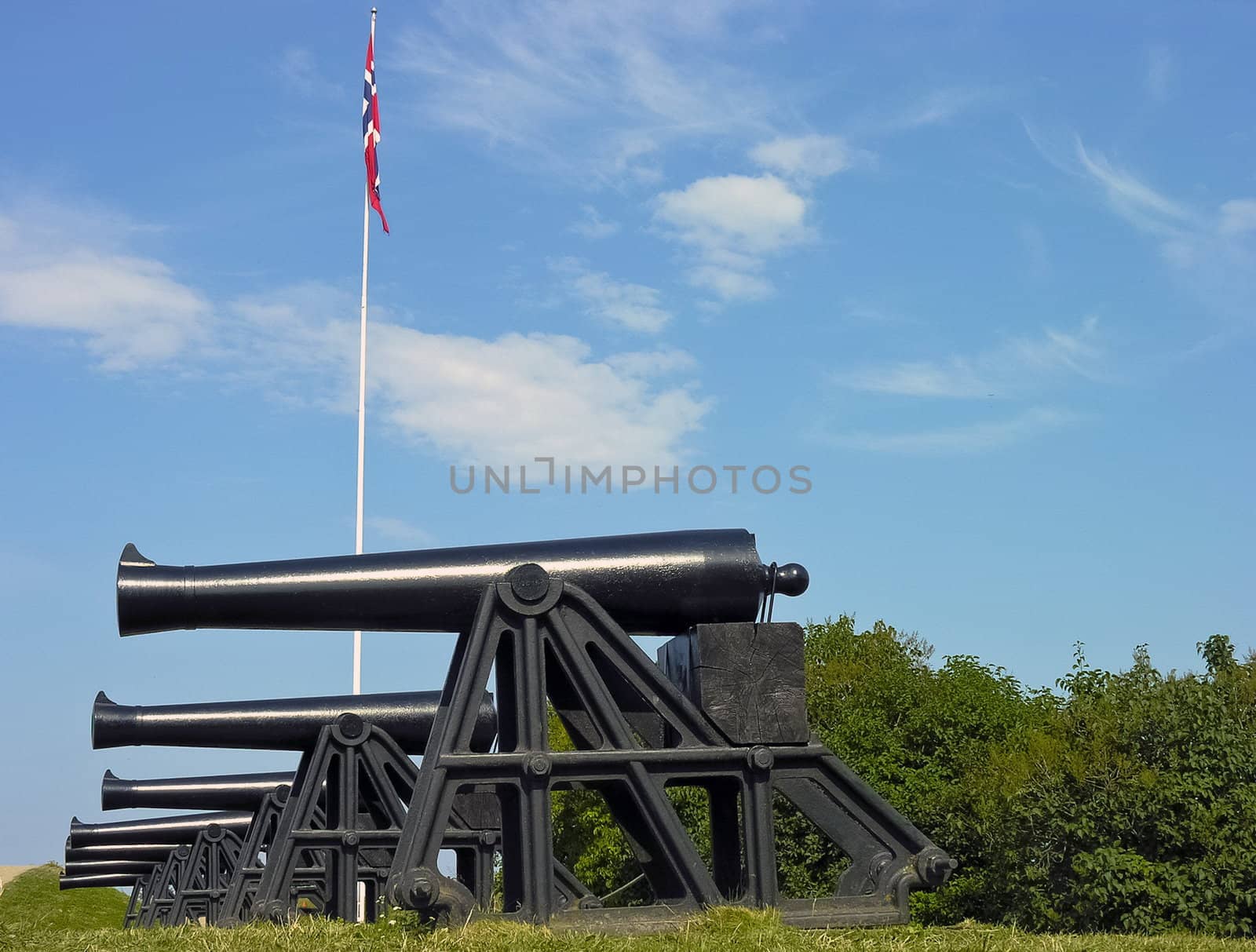 Old military historical defence cannons deployed in a row