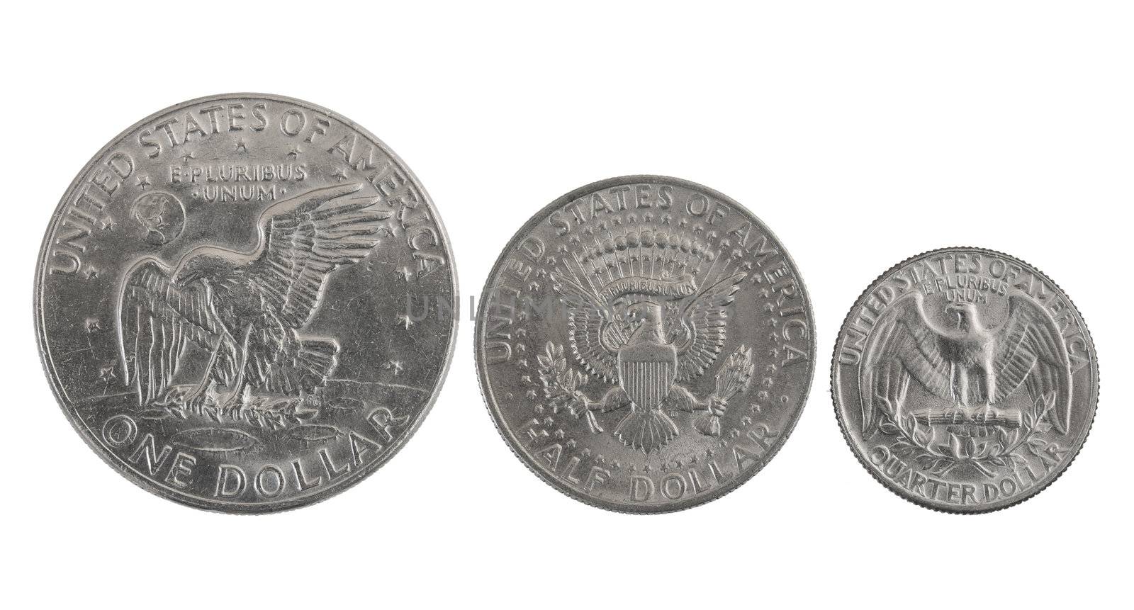 old USA silver coins with eagles: one, half and a quarter of dollar

