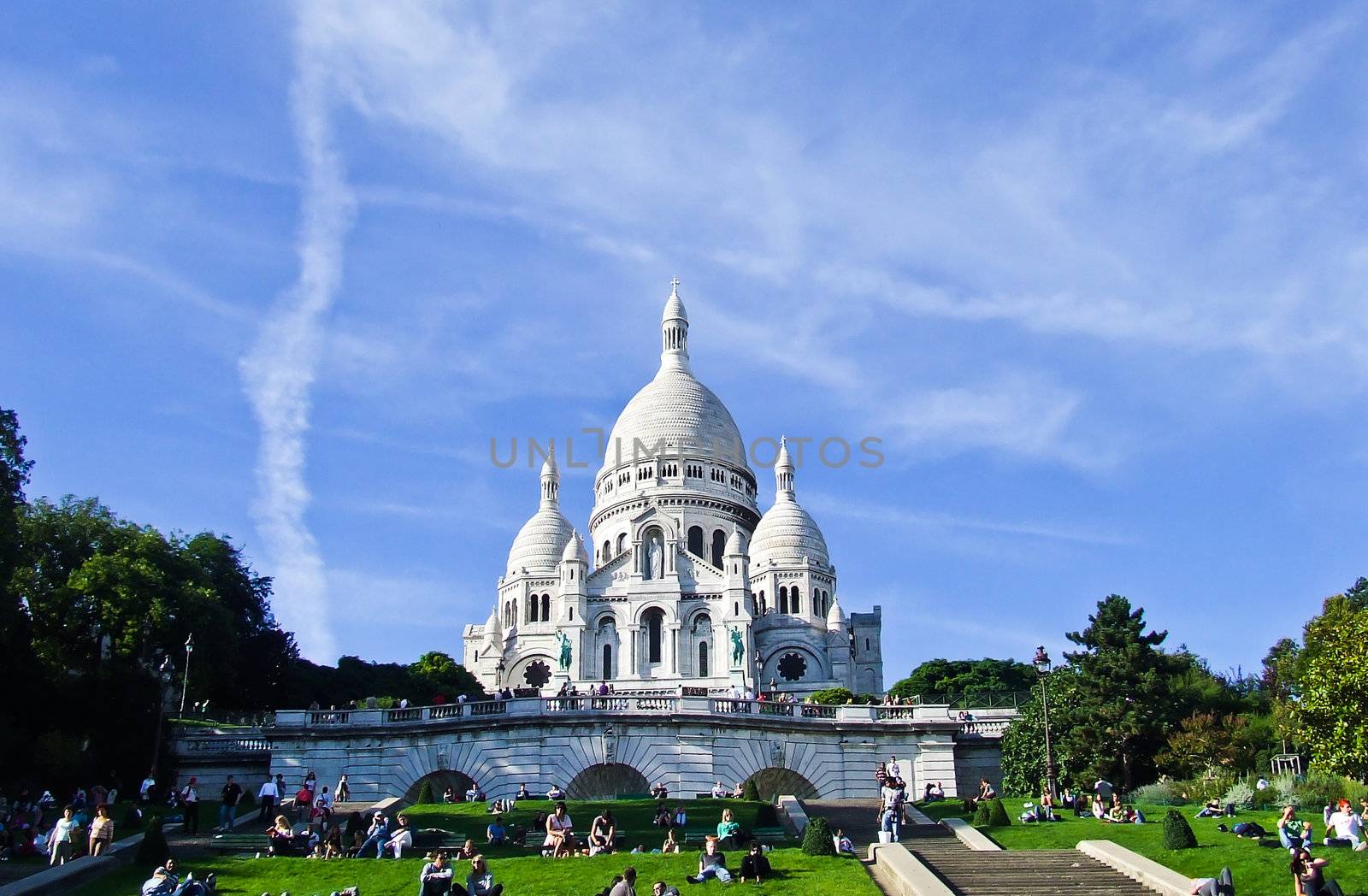 View of the Basilica of the Sacred Heart of Paris from below