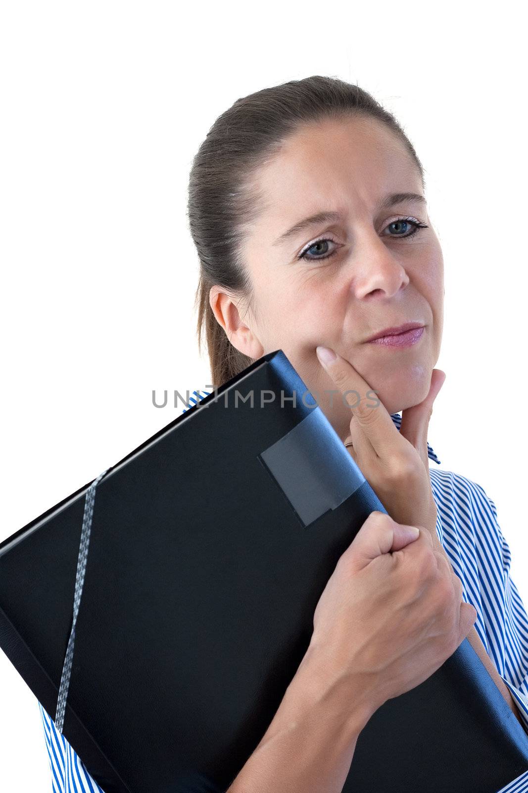 Middle aged business woman looking thoughtful holding a black file on a white background
