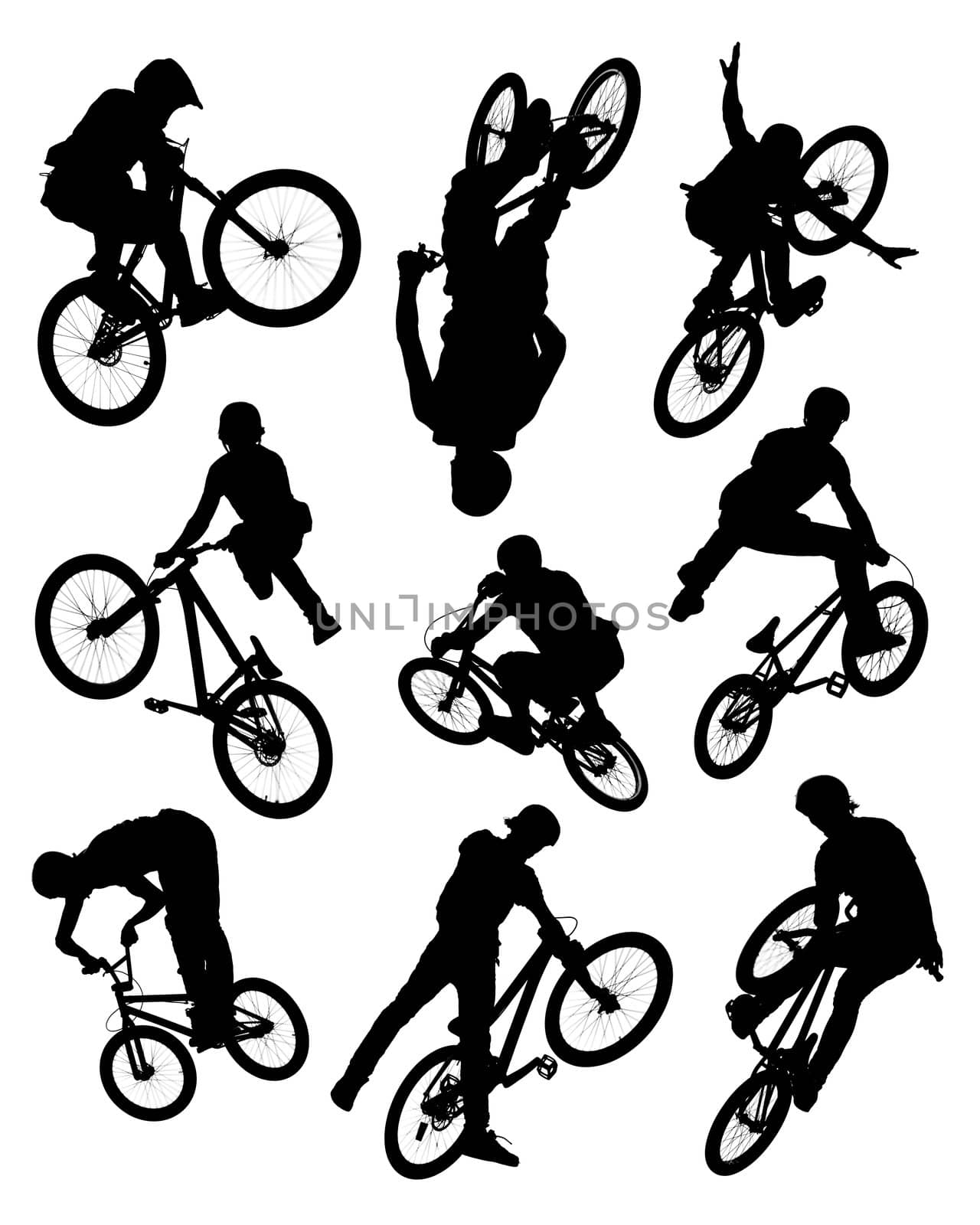 Series of silhouette photographs of bikers doing stunts.  Some motion blur is visible on the wheels and spokes.
