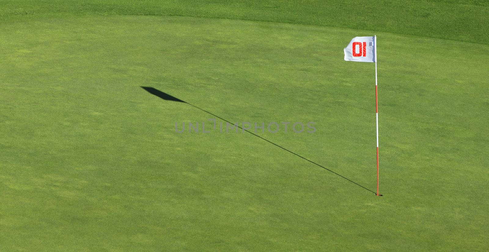 A flagpole and its shadow near the hole on a green golf field.