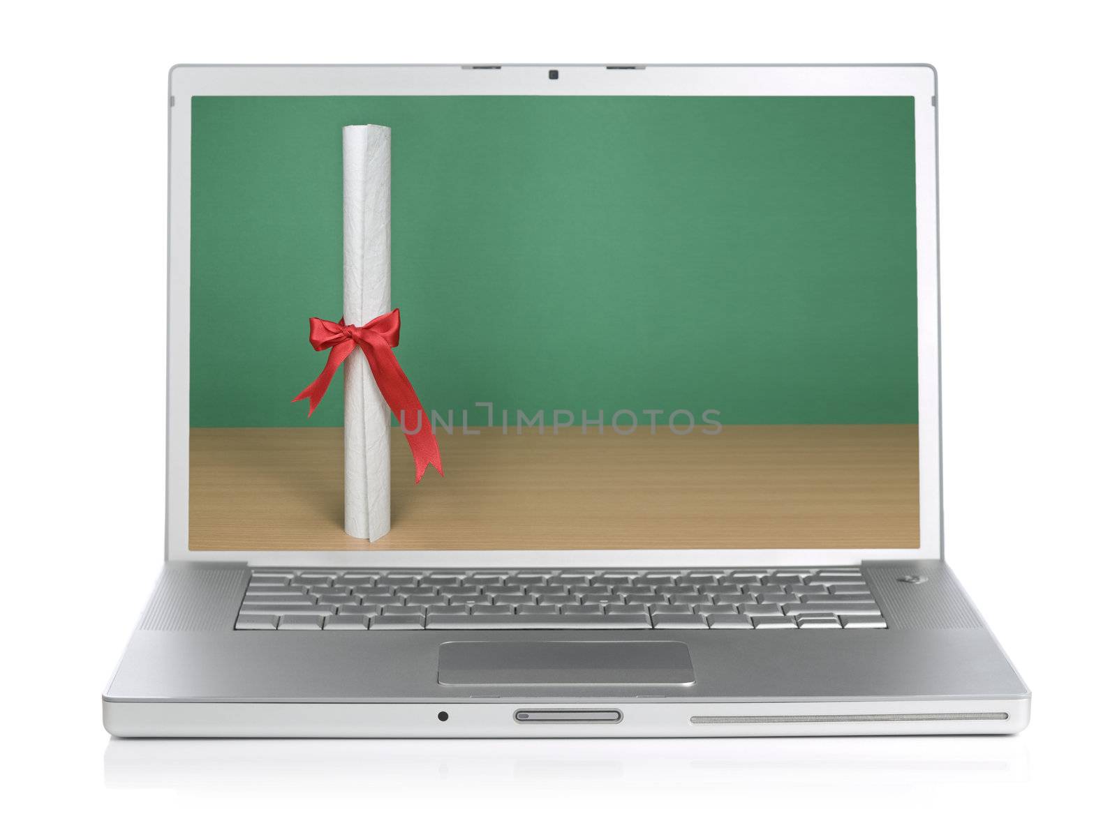 A diploma and a blank chalkboard on the laptop screen. Isolated on white.