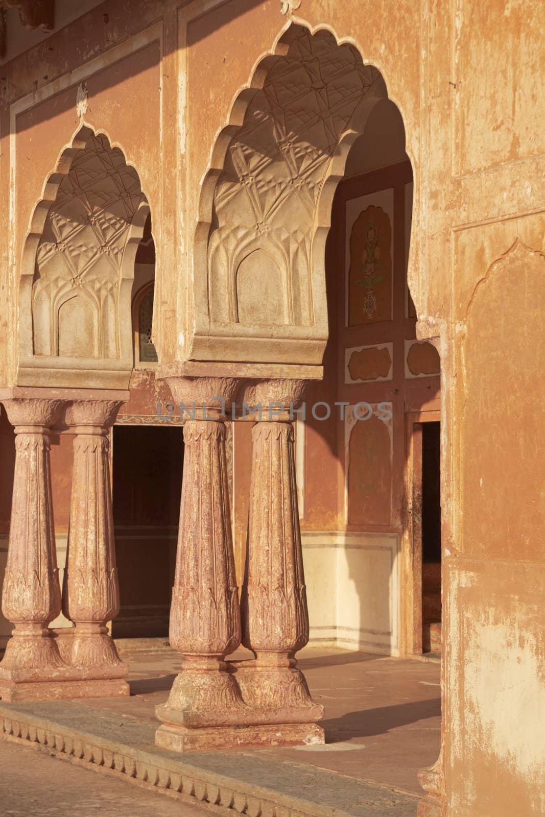 Arches of Indian Palace inside Jaigarh Fort, Jaipur, Rajasthan, India.