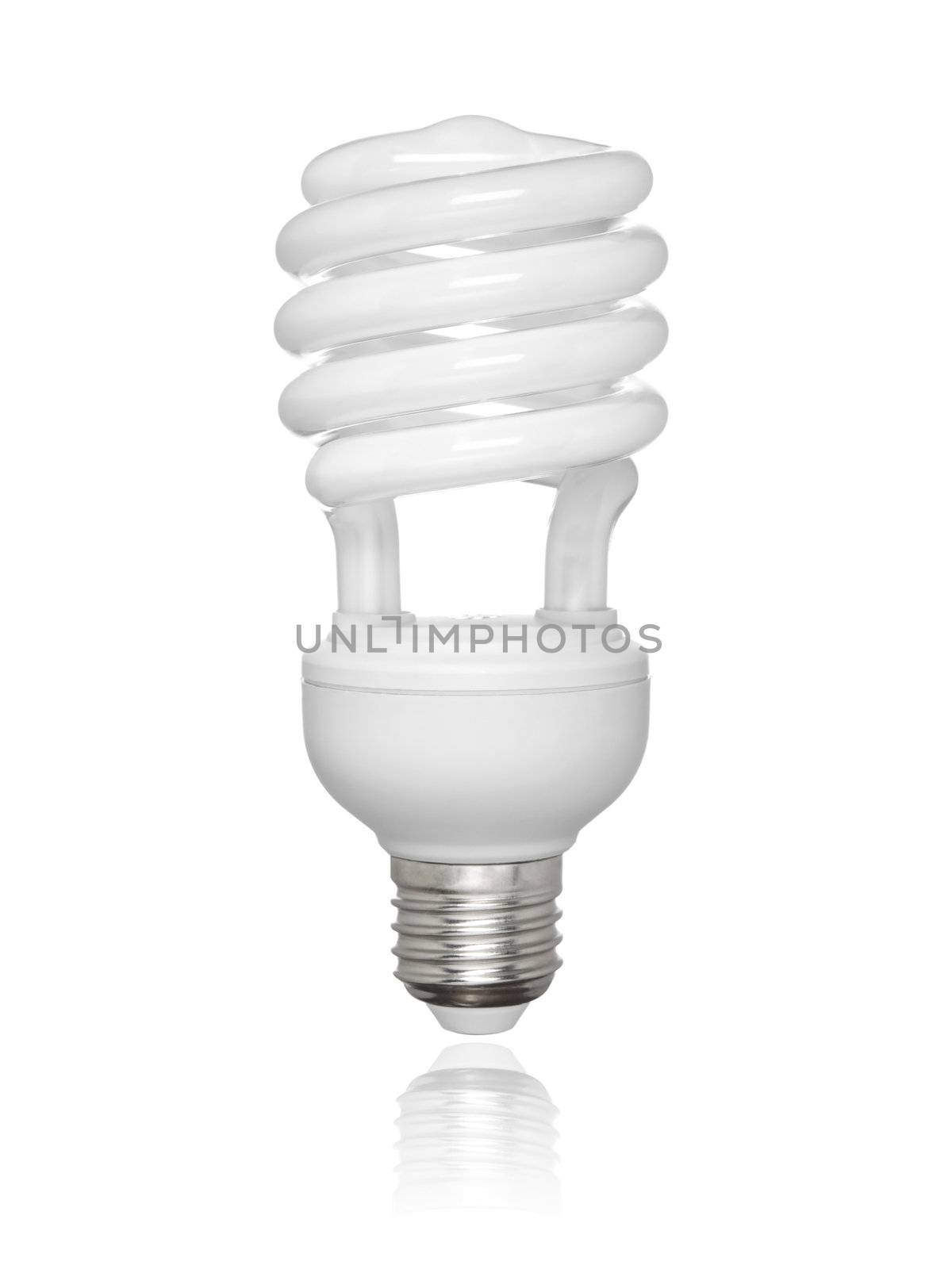 Compact fluorescent light bulb isolated over white background. Small reflection of the bottom.