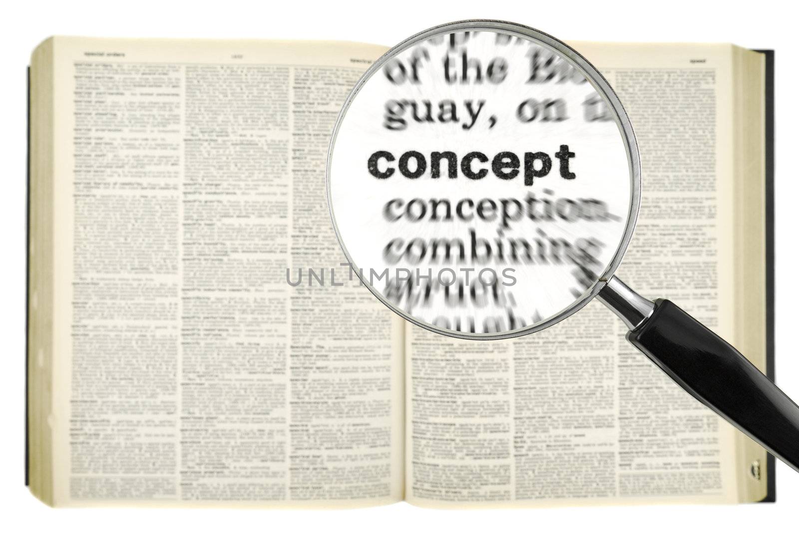 A magnifying glass on the word CONCEPT on a dictionary. Isolated on white.