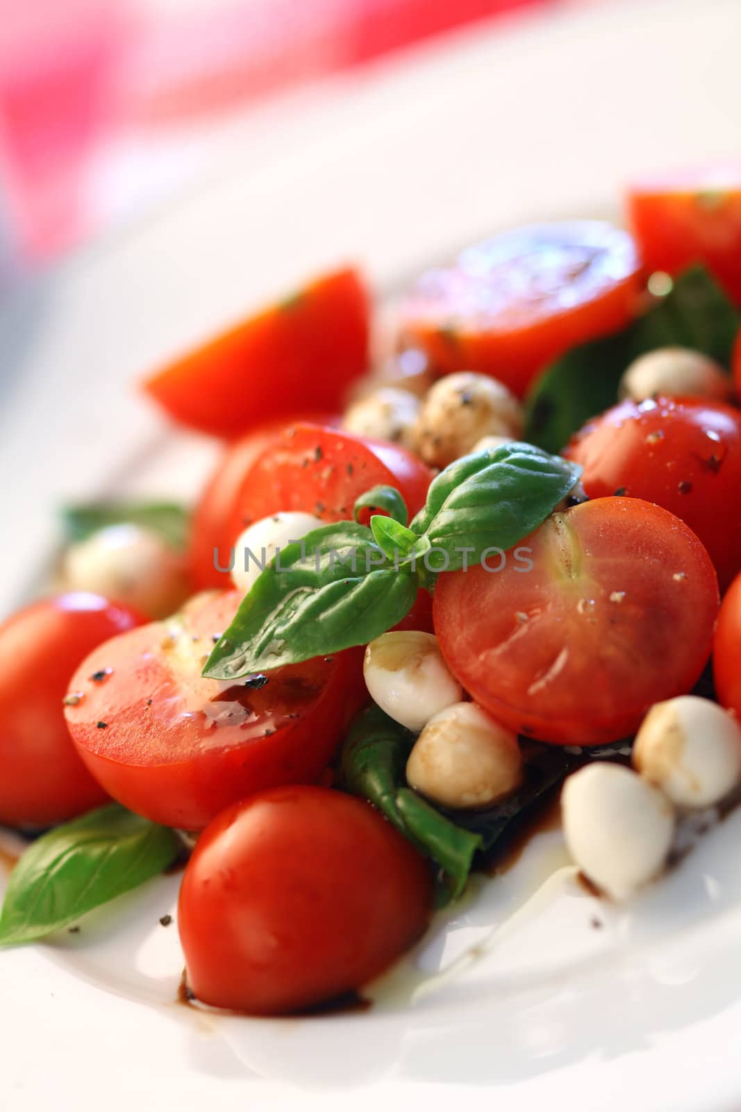 Macro photo of a Caprese salad with tomato, mozzarella, basil, balsamic and olive oil. Very shallow depth of field, focusing on the basil leaves on top.