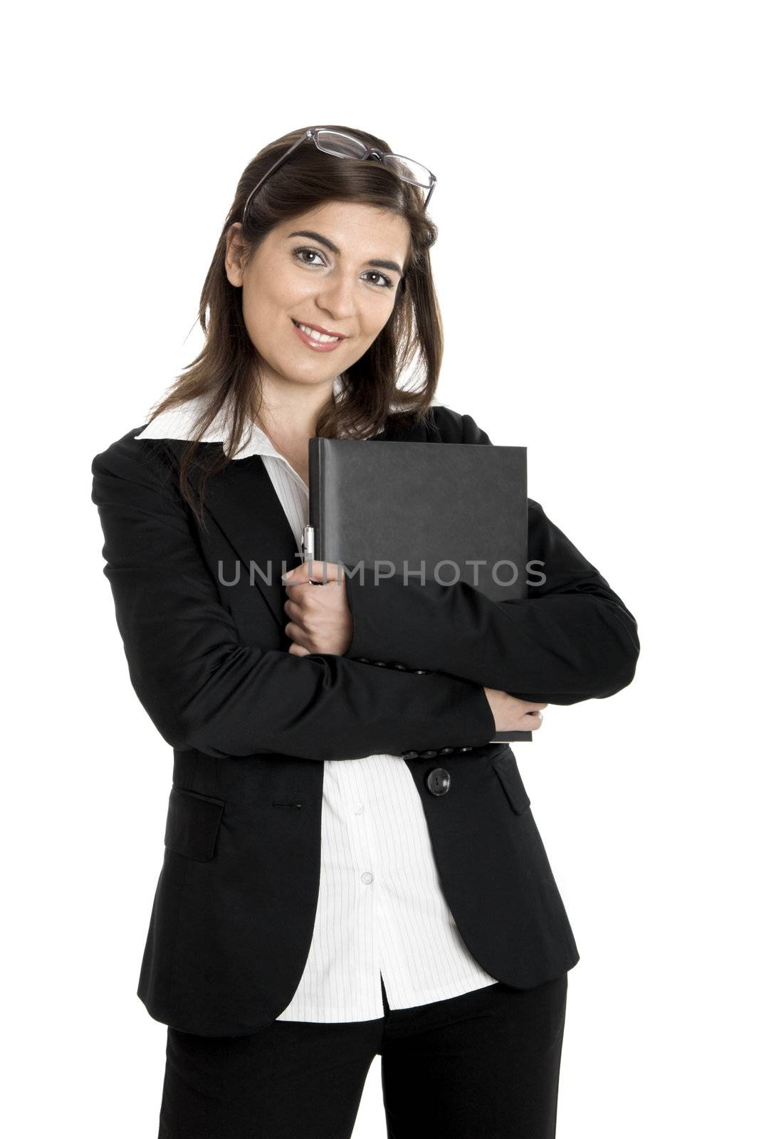 Portrait of a young and beautiful business woman isolated on white with a case