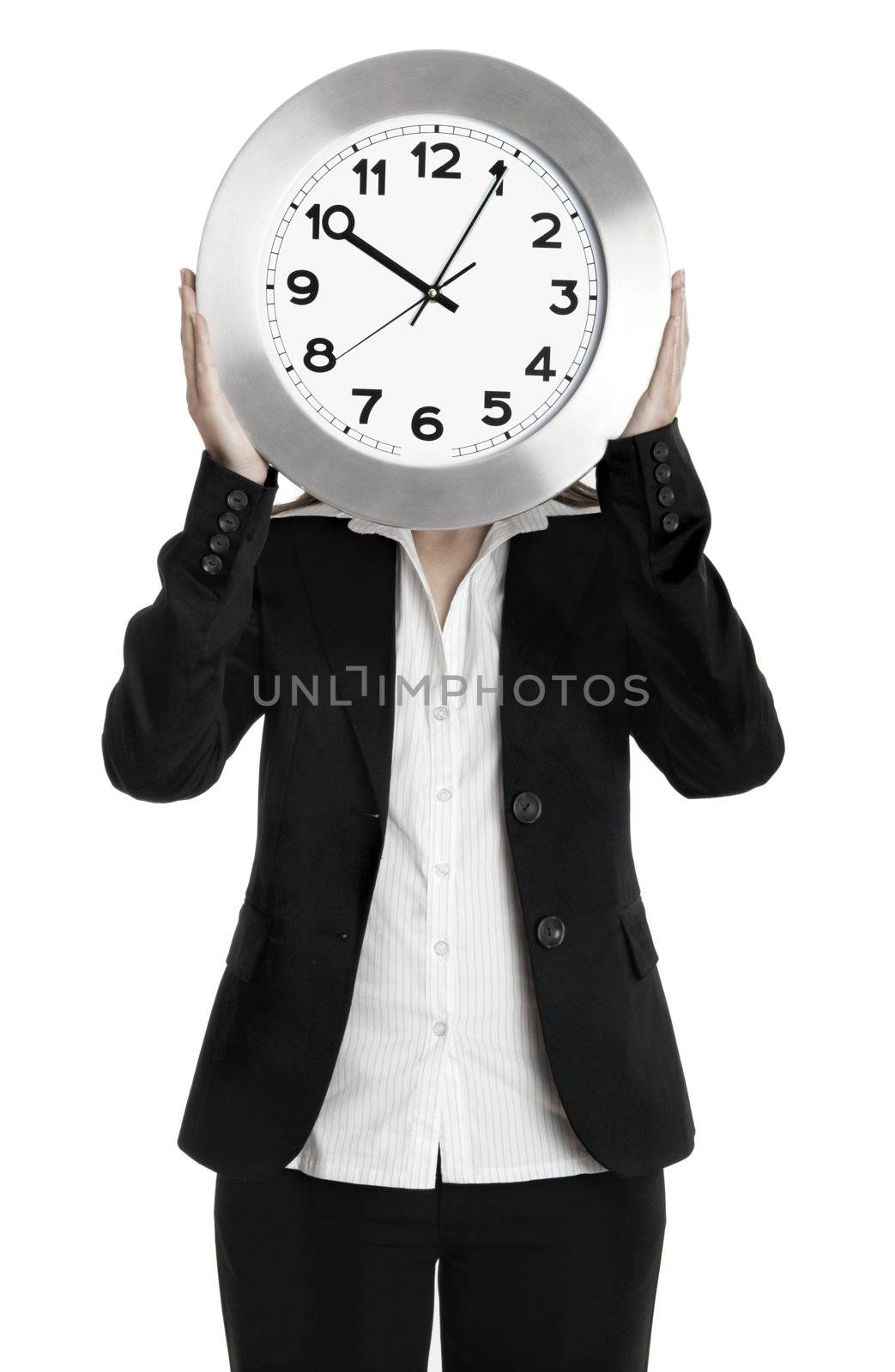 Business holding a clock isolated on white 