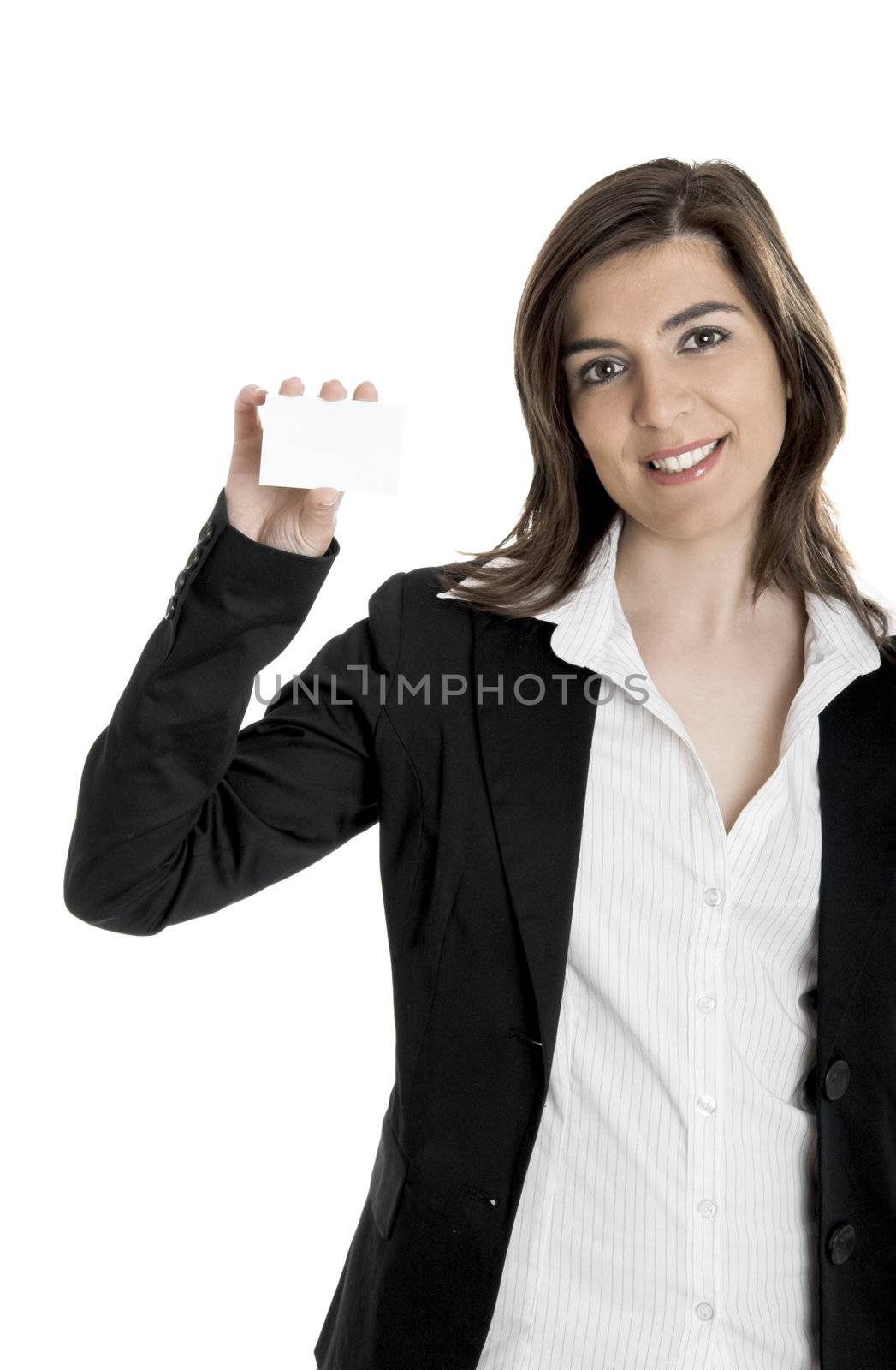 Portrait of a happy beautiful woman holding a billboard