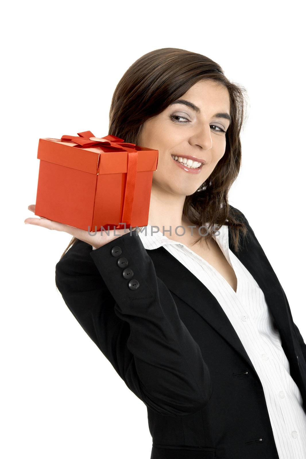 Beautiful bussiness woman holding a gift isolated on white