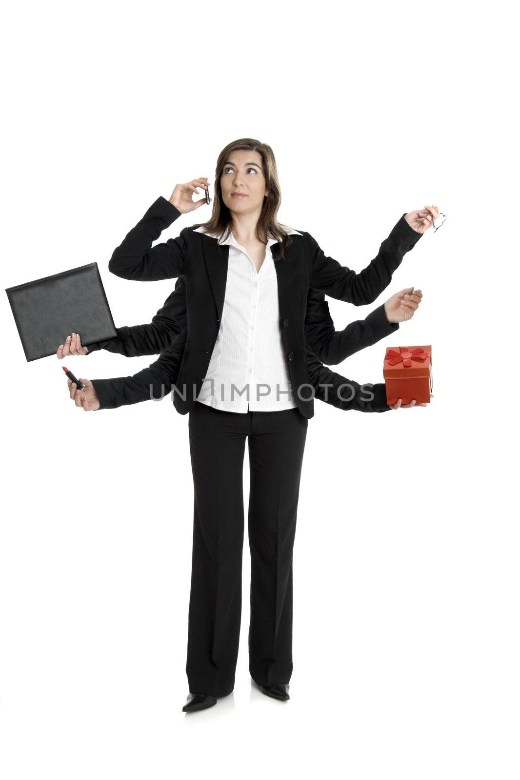 
Beautiful business woman with six arms, making a call and holding, glasses, briefcase, pen, lipstick and a red box
