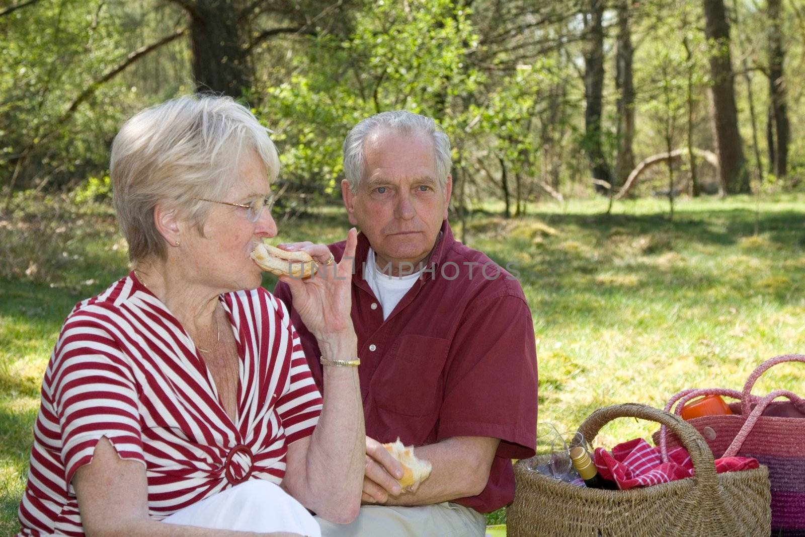 Elderly couple outdoors having a picnic (focus on man, shallow dof)