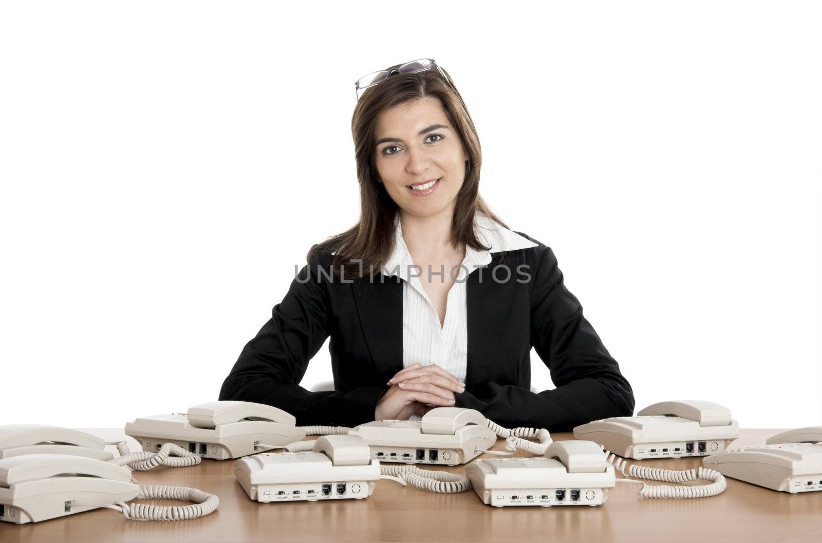 Beautiful woman very busy working on call center