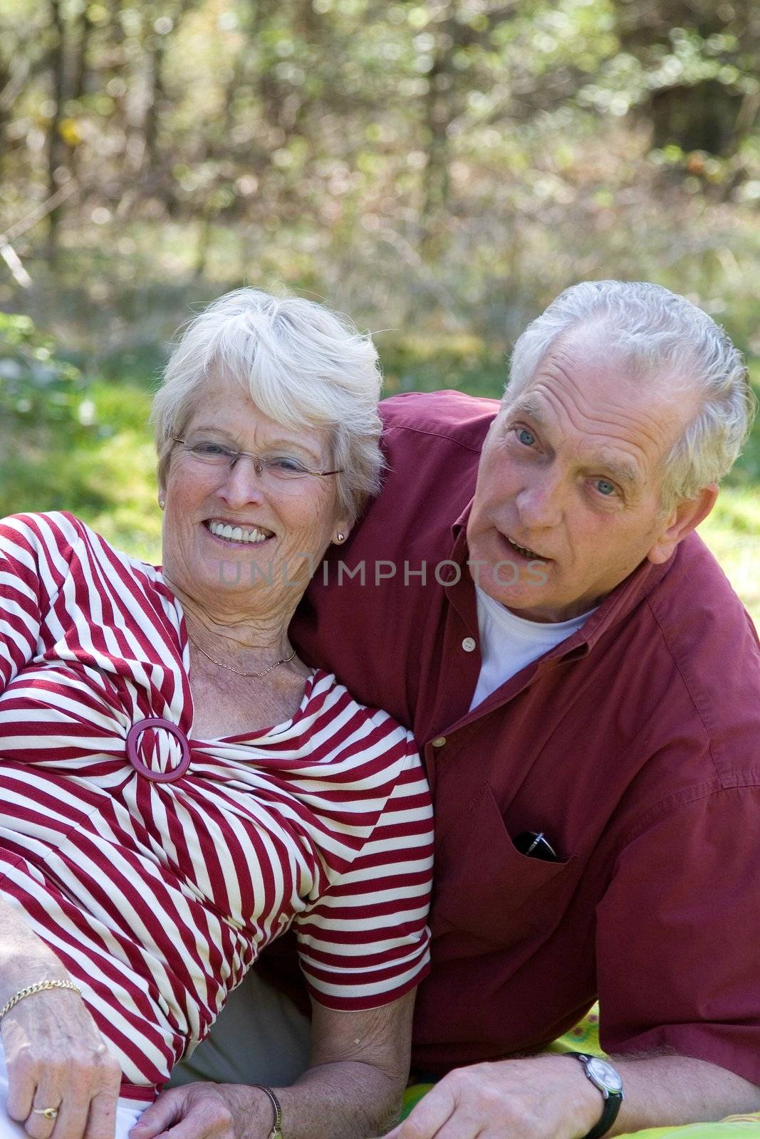 Senior couple during a picnic in the field enjoying each others company