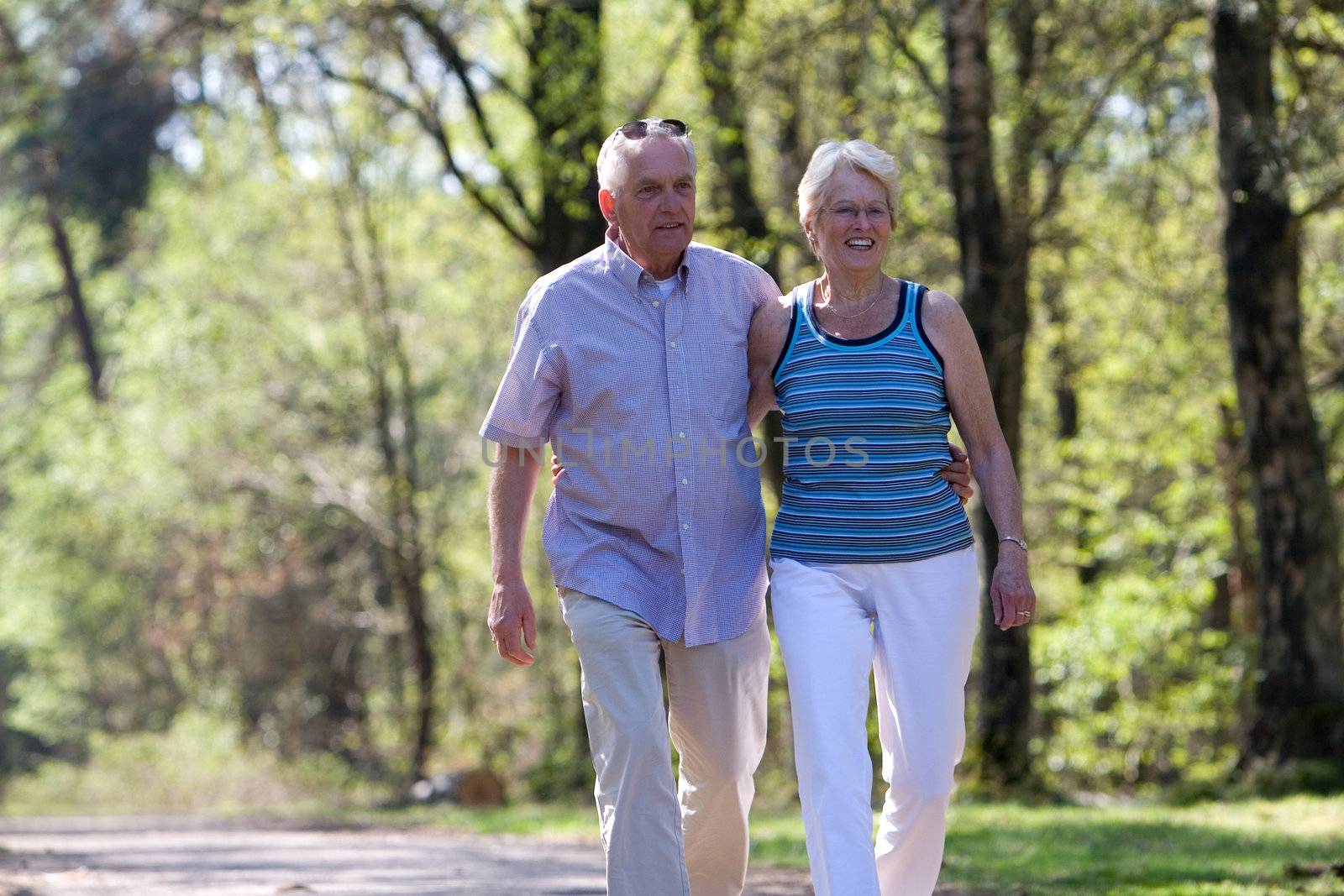 Happy elderly couple out for a walk in the park