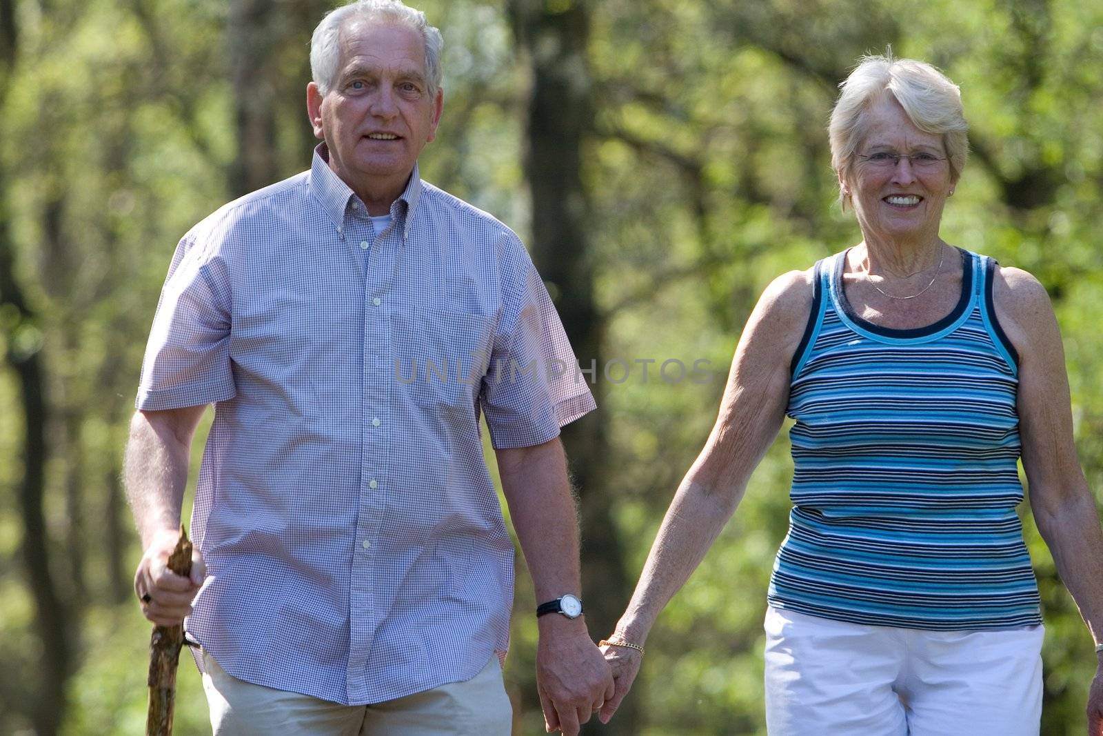Elderly couple walking through the parc on a summer day