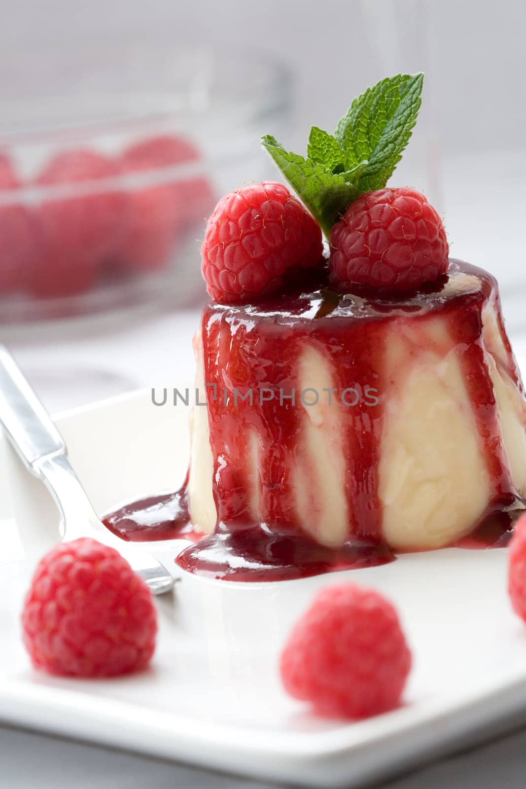 Delicious looking pannacotta dessert served with a spoon and raspberries
