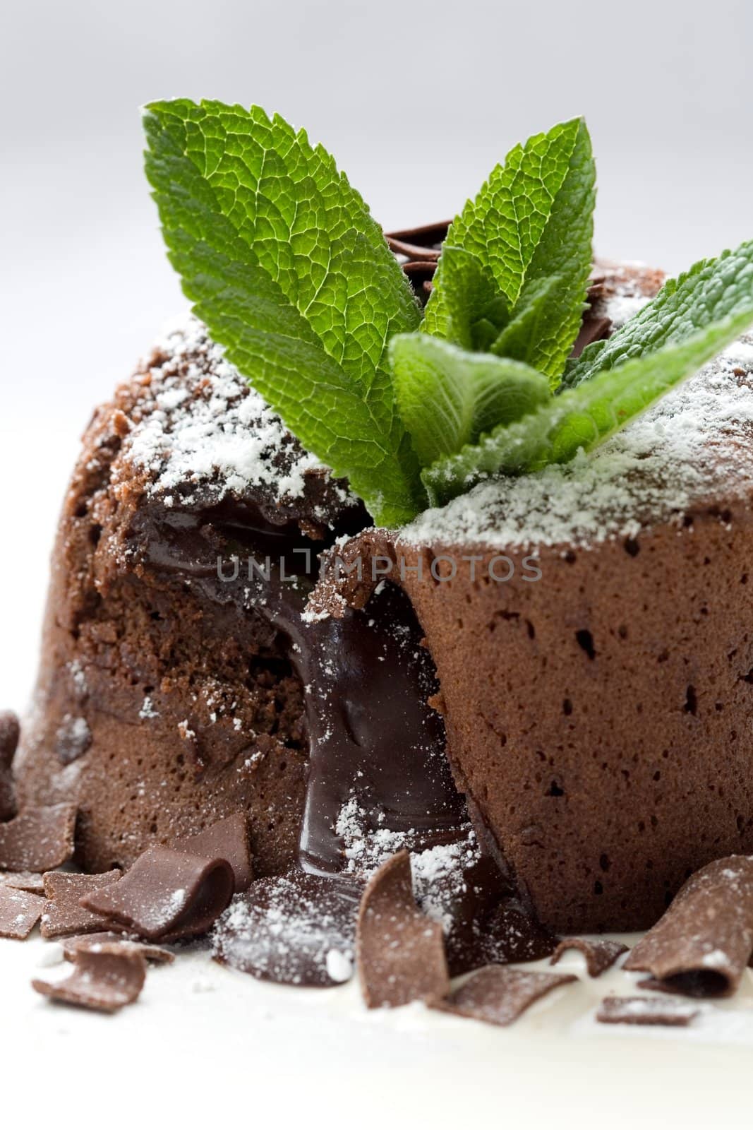 Delicious looking chocolate dessert with melted chocolate on the inside