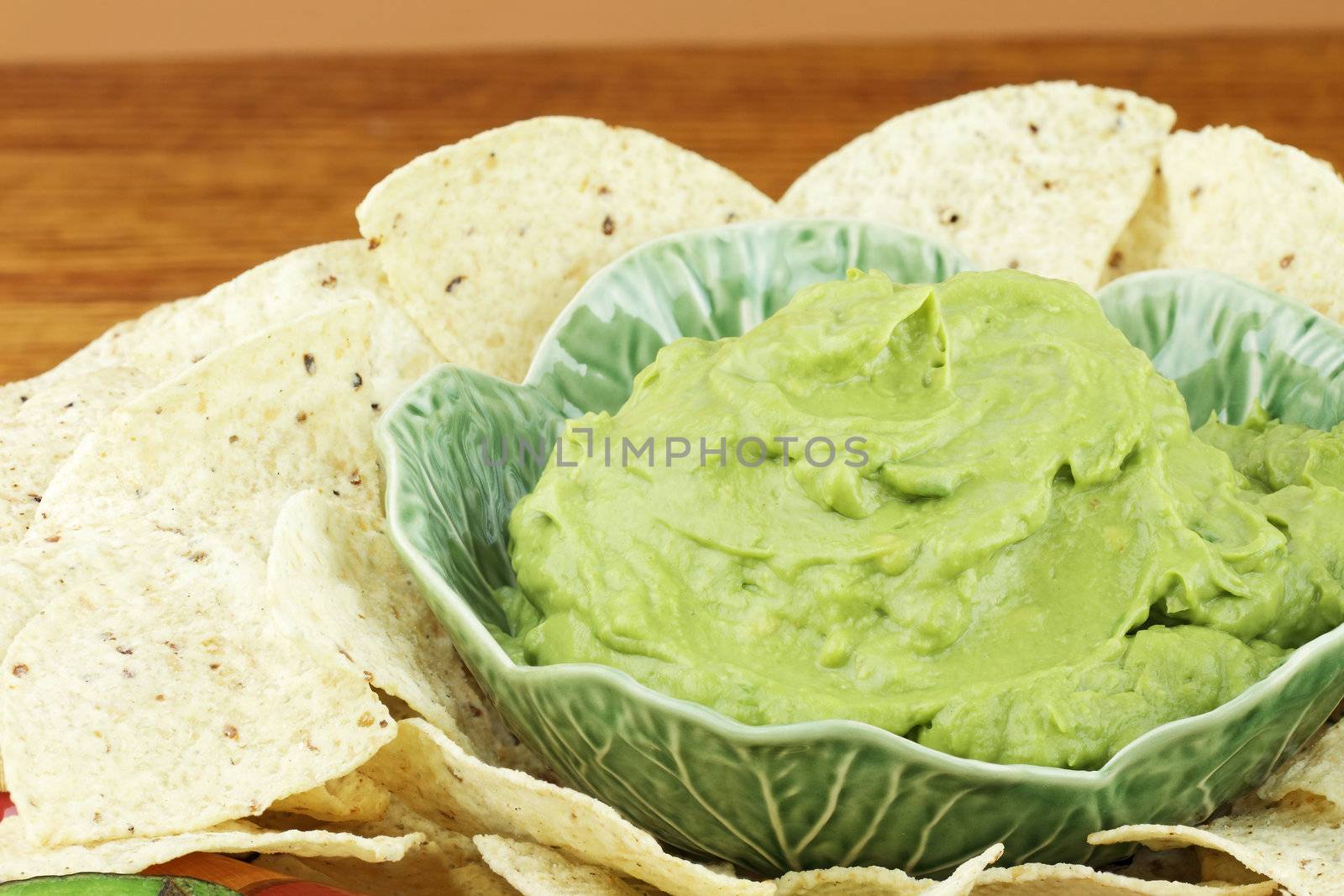 Fresh guacamole and tortilla chips with shallow depth of field.