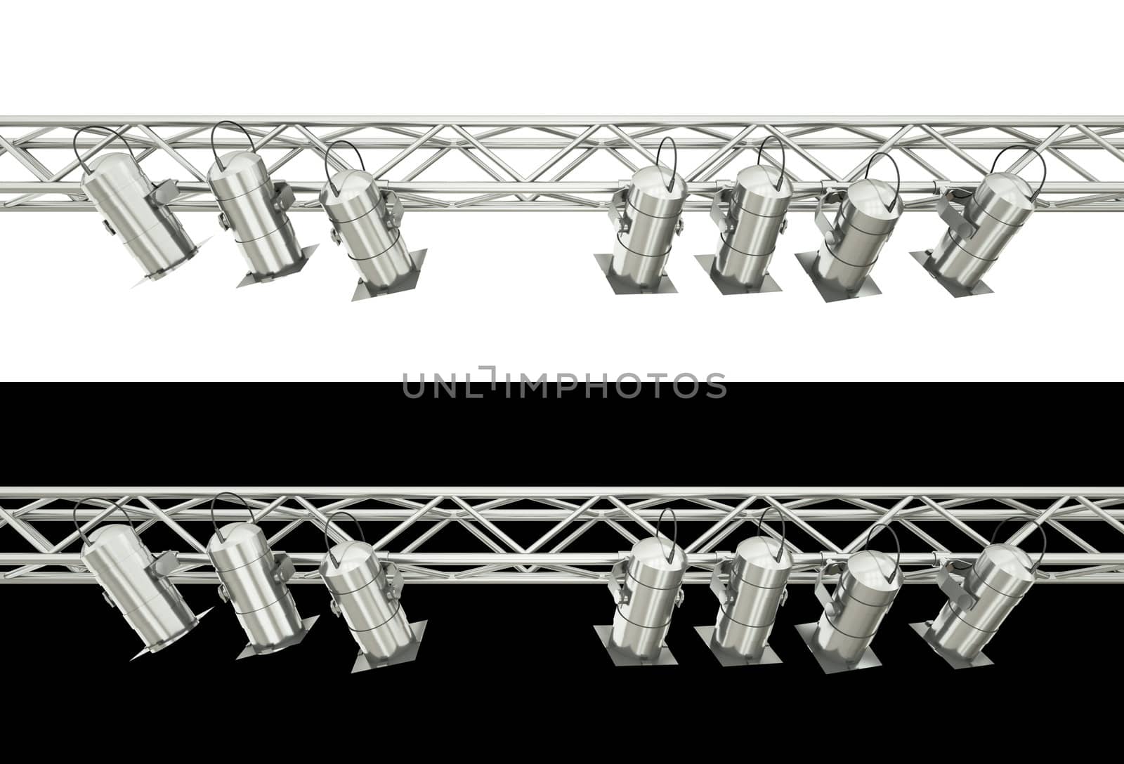 Stage spotlights isolated over white and black background. 3D render.