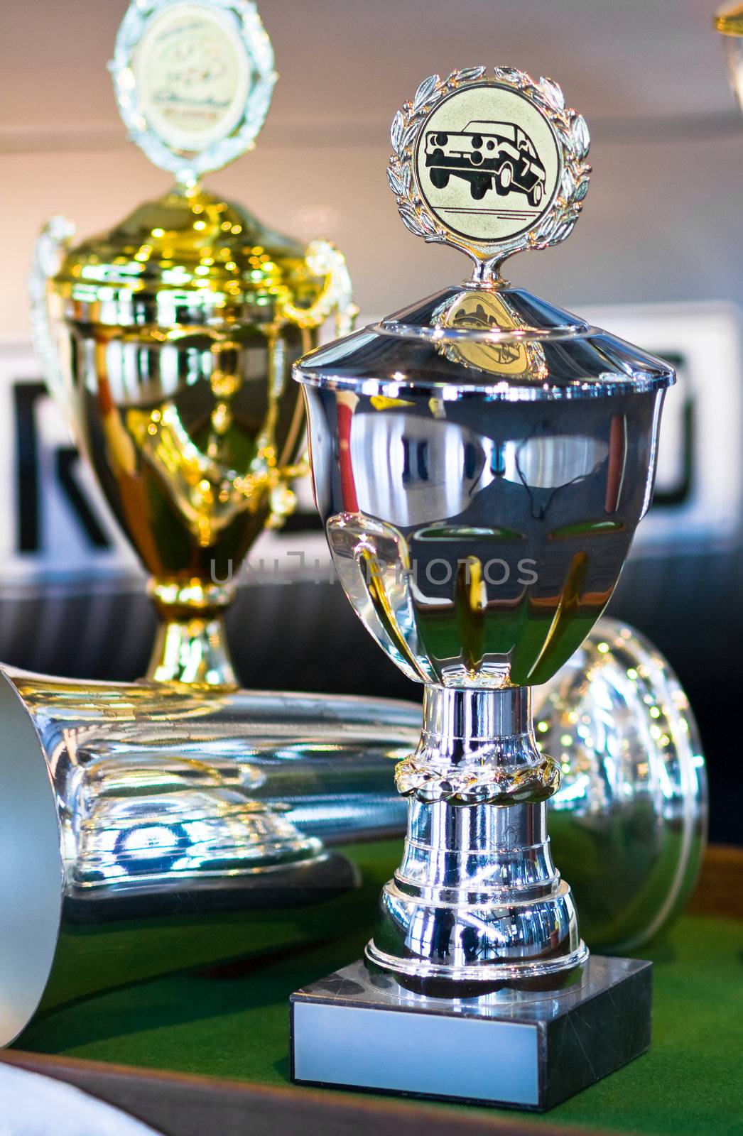 Trophy for car race winning or medal on background with a Automobile