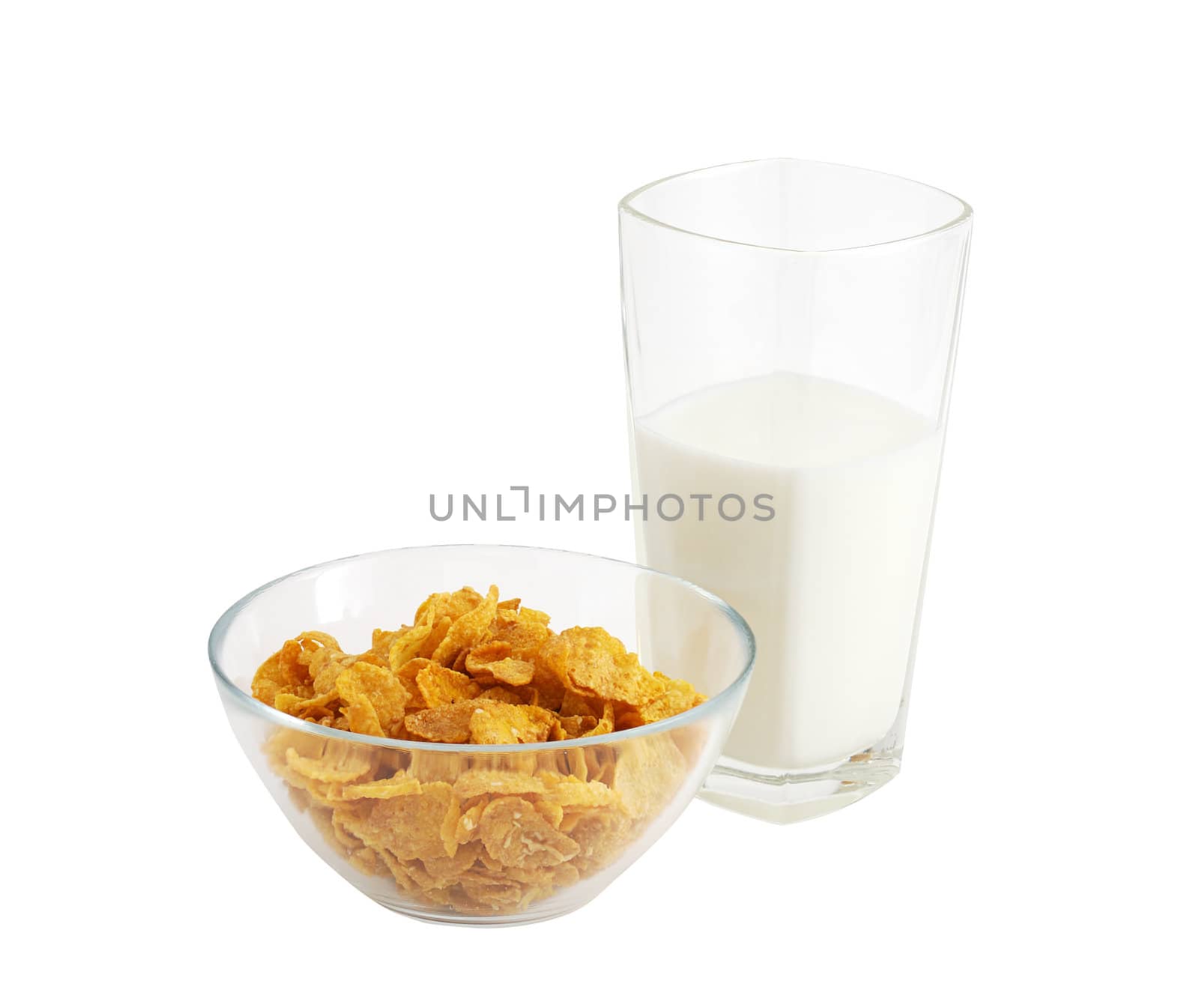 Healthy breakfast including glass of milk and glass bowl of cereal isolated on white background