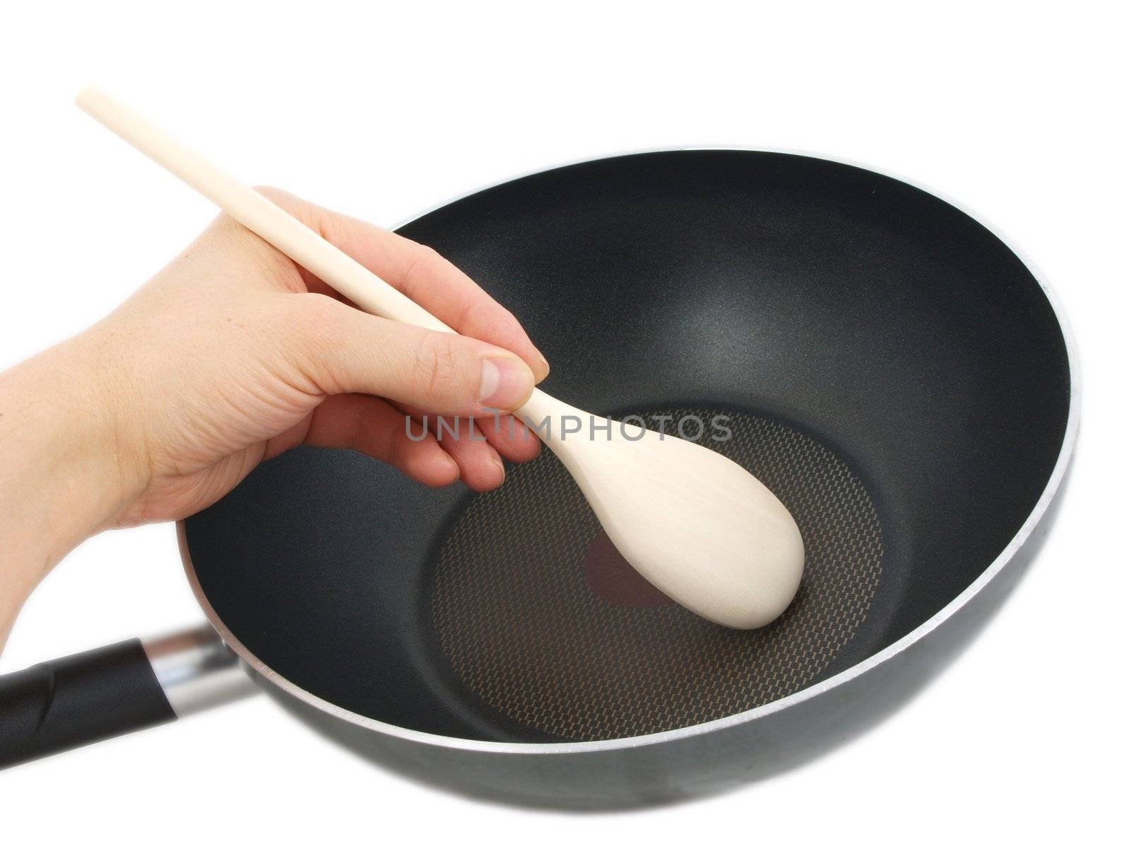 Frying pan with wooden spatula, isolated with human hand towards white background